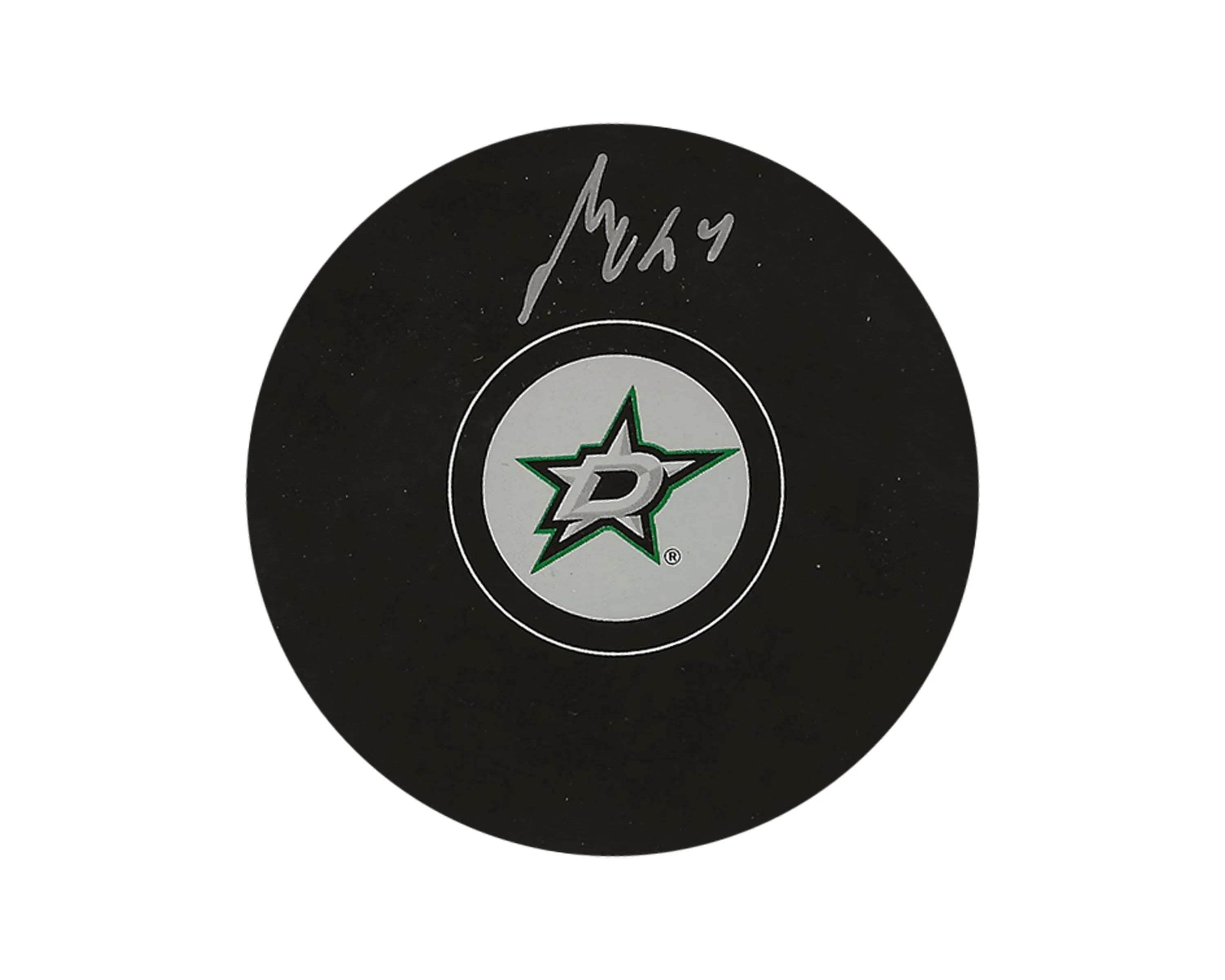 Dallas Stars logo hockey puck with silver autograph on white background