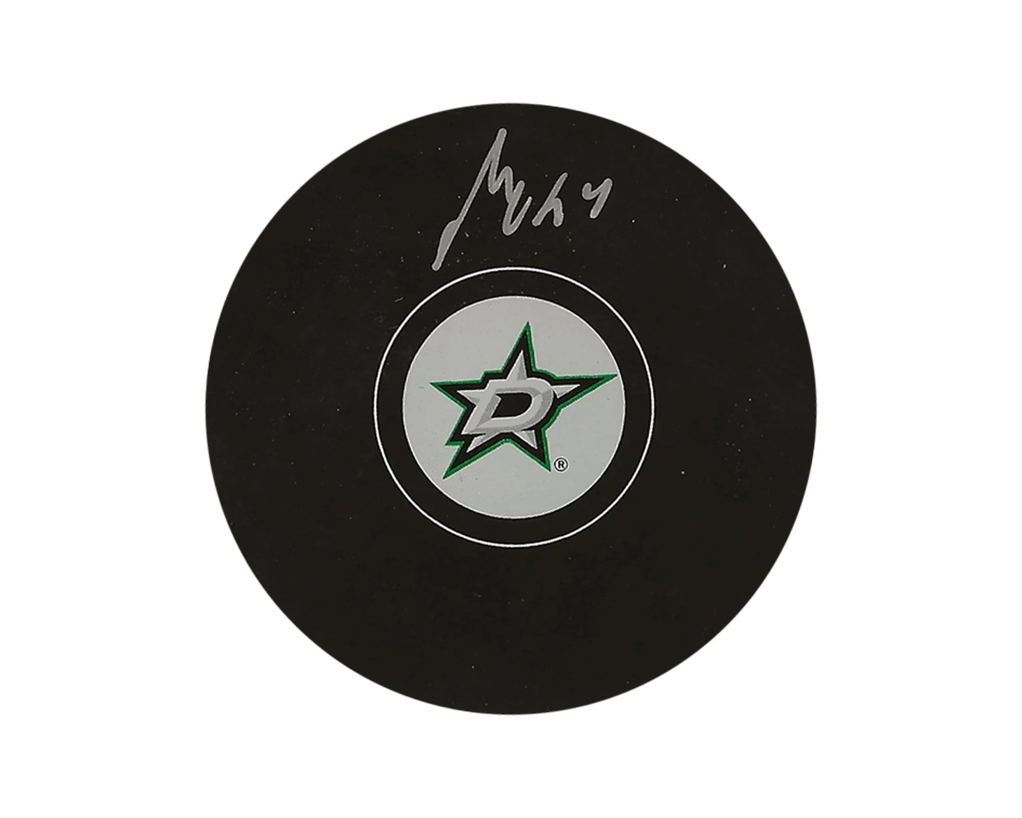 Dallas Stars logo hockey puck with silver autograph on white background
