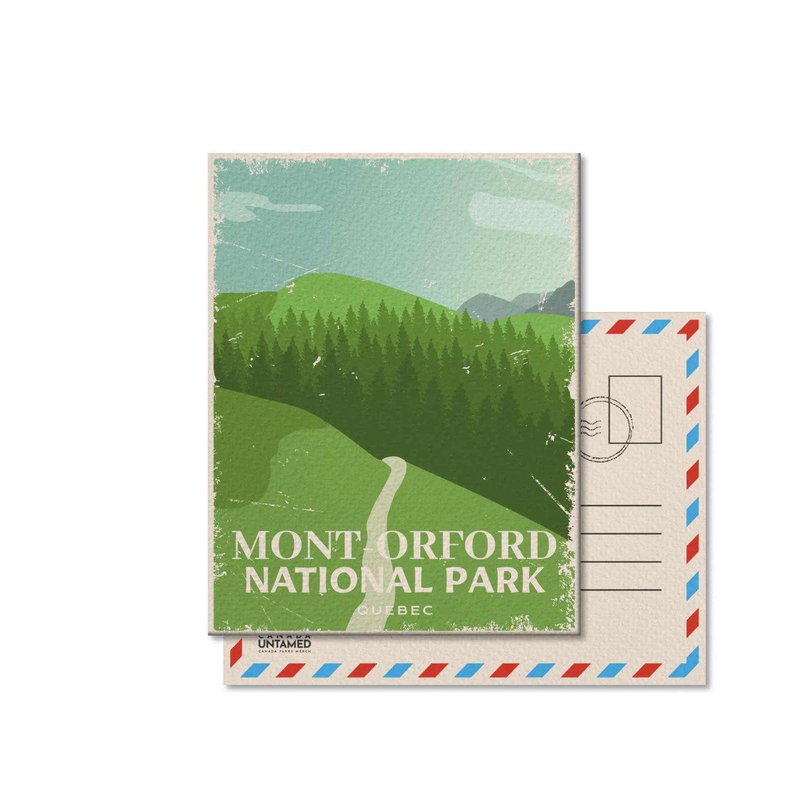 Mont Orford National Park Quebec postcard with green hills, pine forest, and blue sky