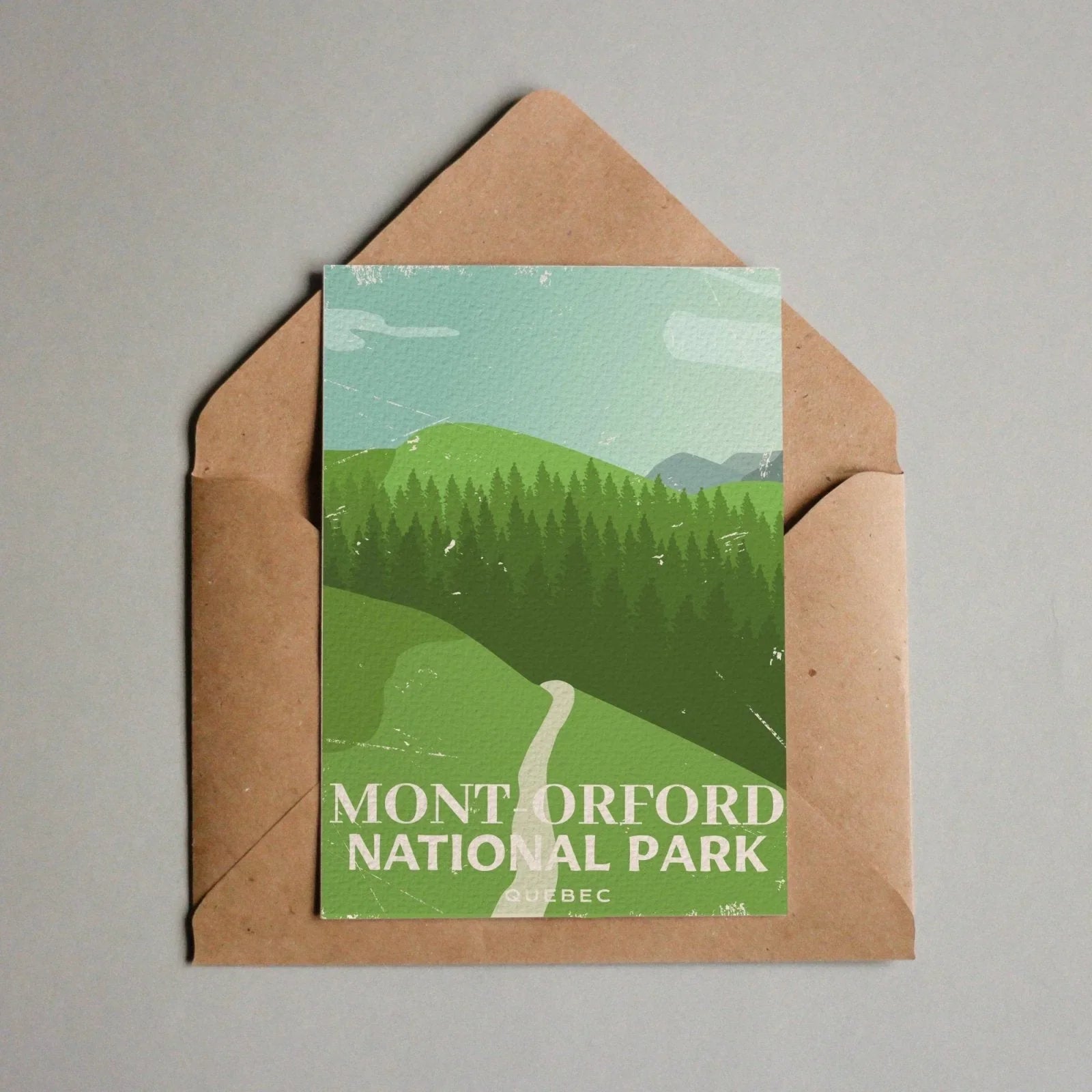Mont Orford National Park Quebec postcard with green mountains and forest in envelope