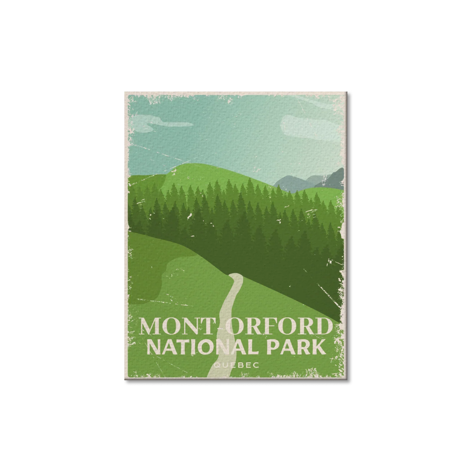 Mont Orford Quebec National Park postcard with green hills, forest, and walking trail illustration.