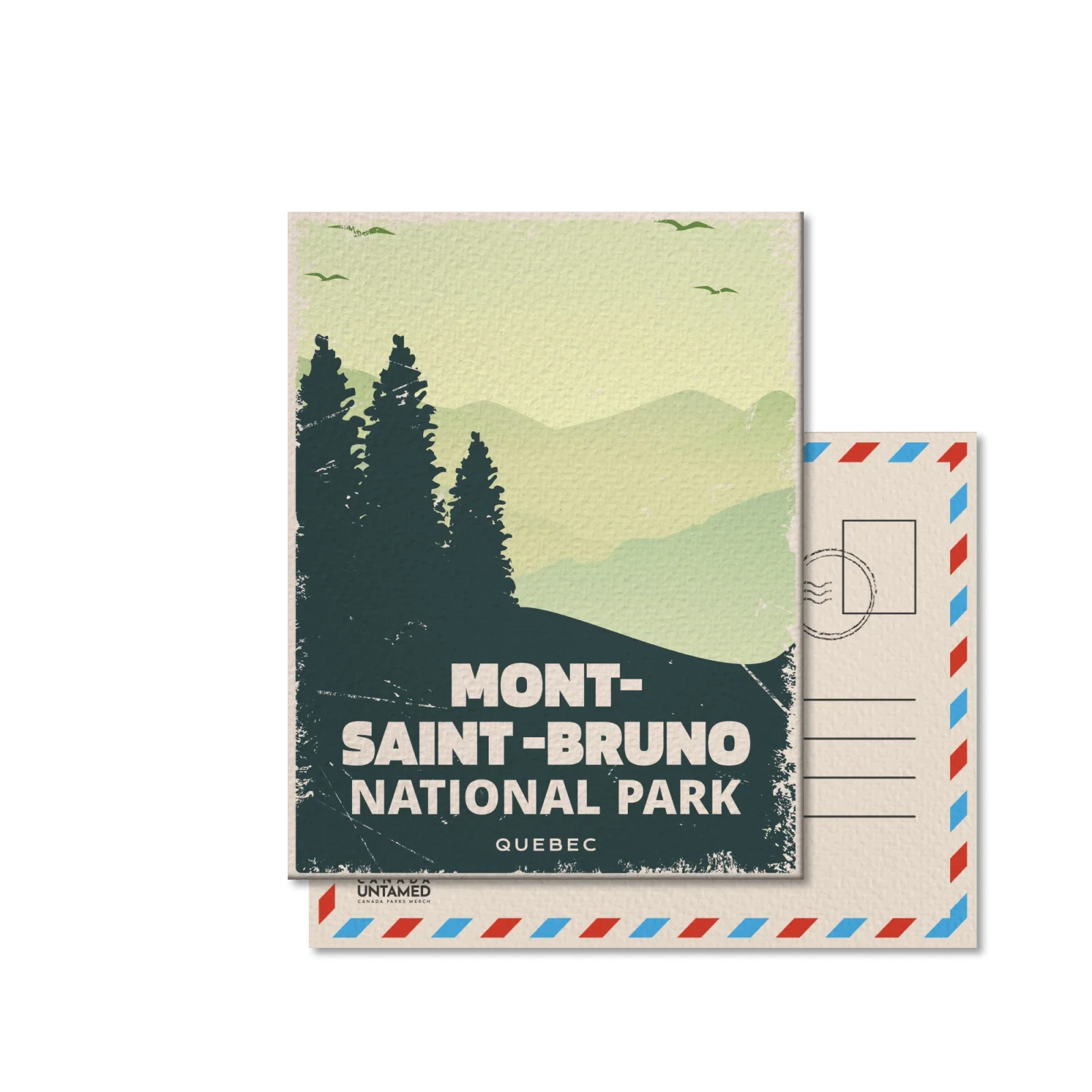 Mont-Saint-Bruno National Park Quebec postcard with pine trees and mountain silhouette