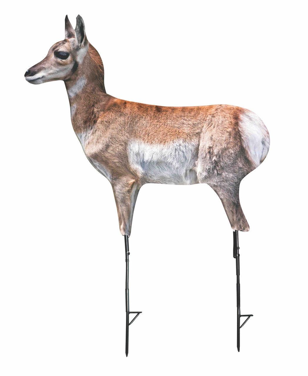 Antelope fawn hunting decoy with realistic fur pattern and metal ground stakes