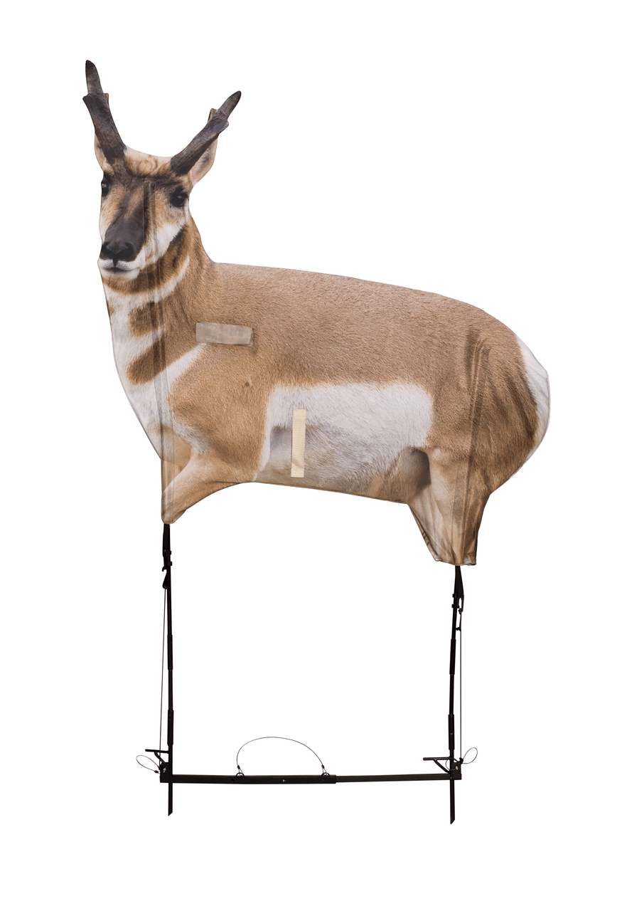 Antelope hunting decoy with realistic pronghorn image on metal frame, white background