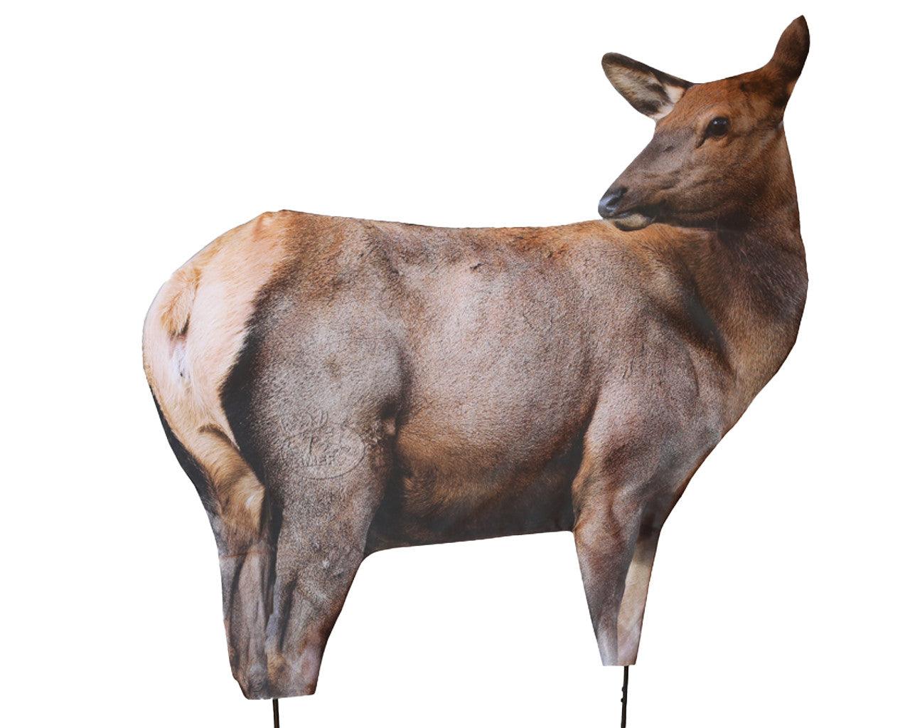 Lifelike elk decoy with brown fur standing on metal stakes against a white background