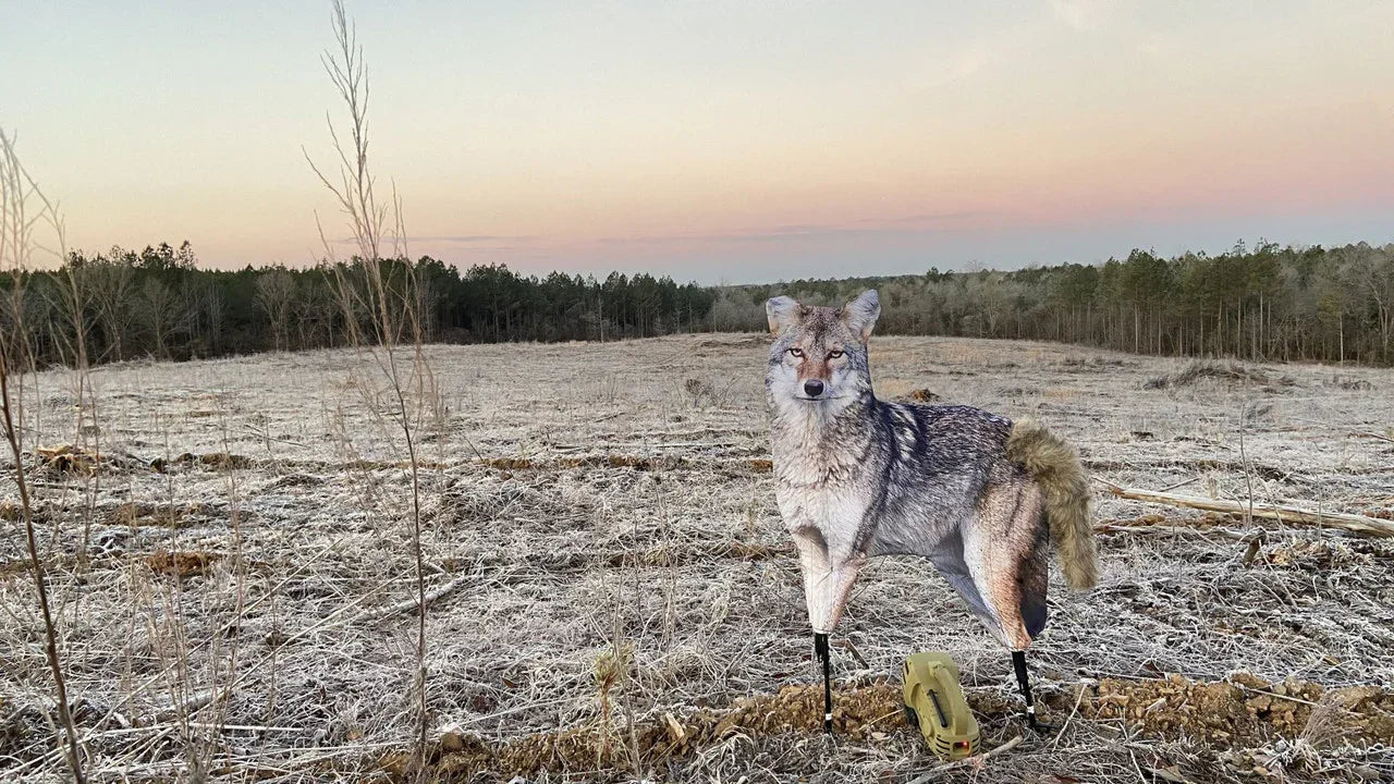 Coyote hunting decoy in frosty field with sunrise, forest in background, predator call nearby.