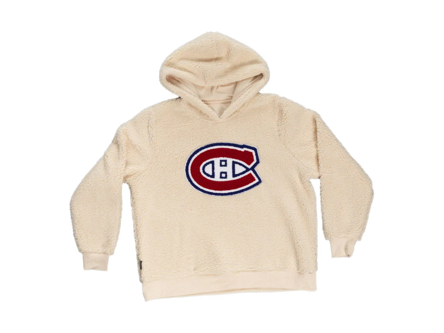 Montreal Canadiens cream sherpa hoodie with large embroidered logo on front