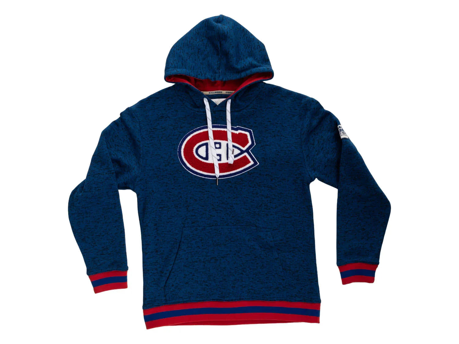 Montreal Canadiens navy blue hoodie with red stripes and large team logo on front