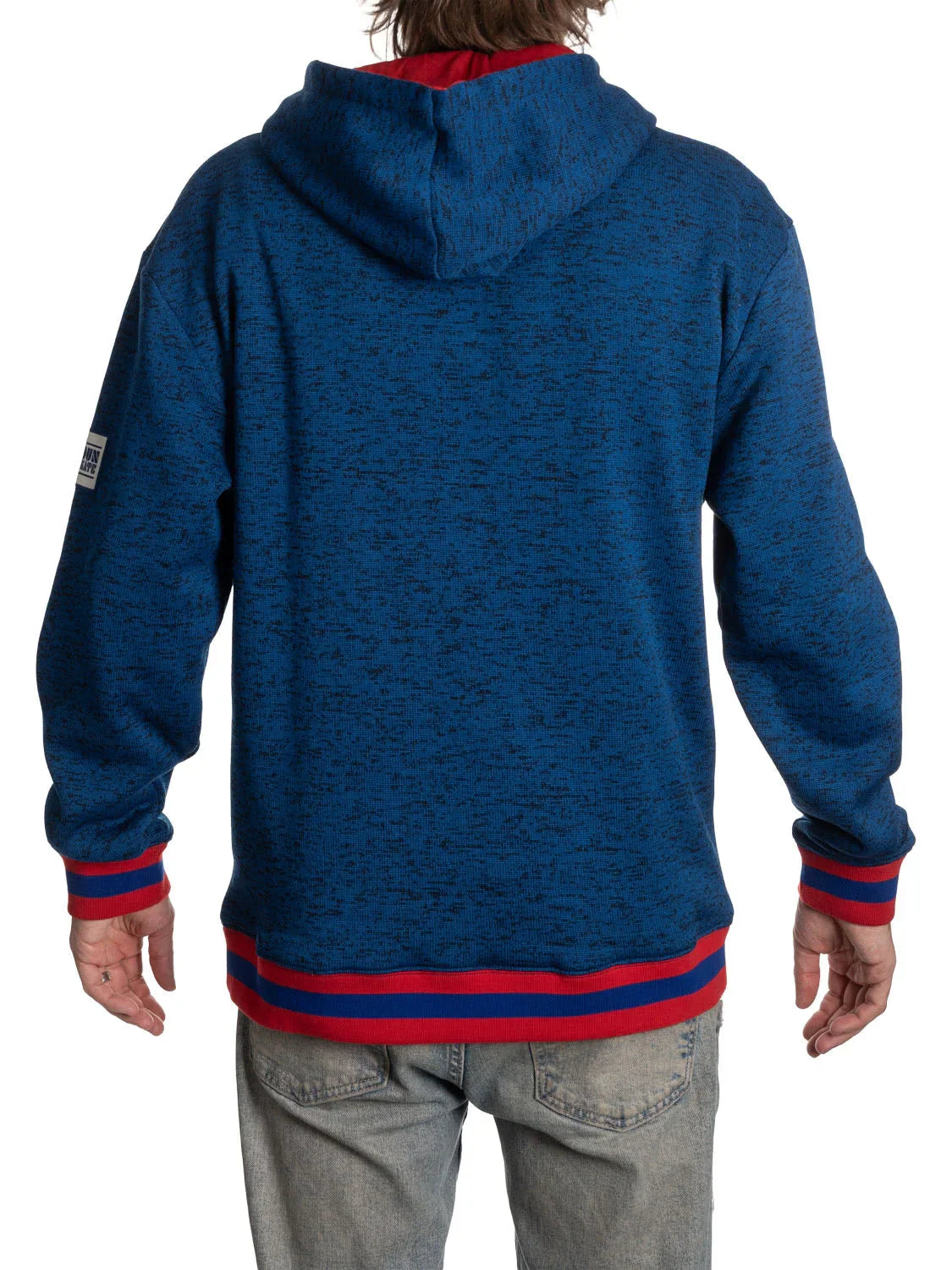 Back view of man wearing navy Canadiens Muskoka hoodie with red stripes and hood