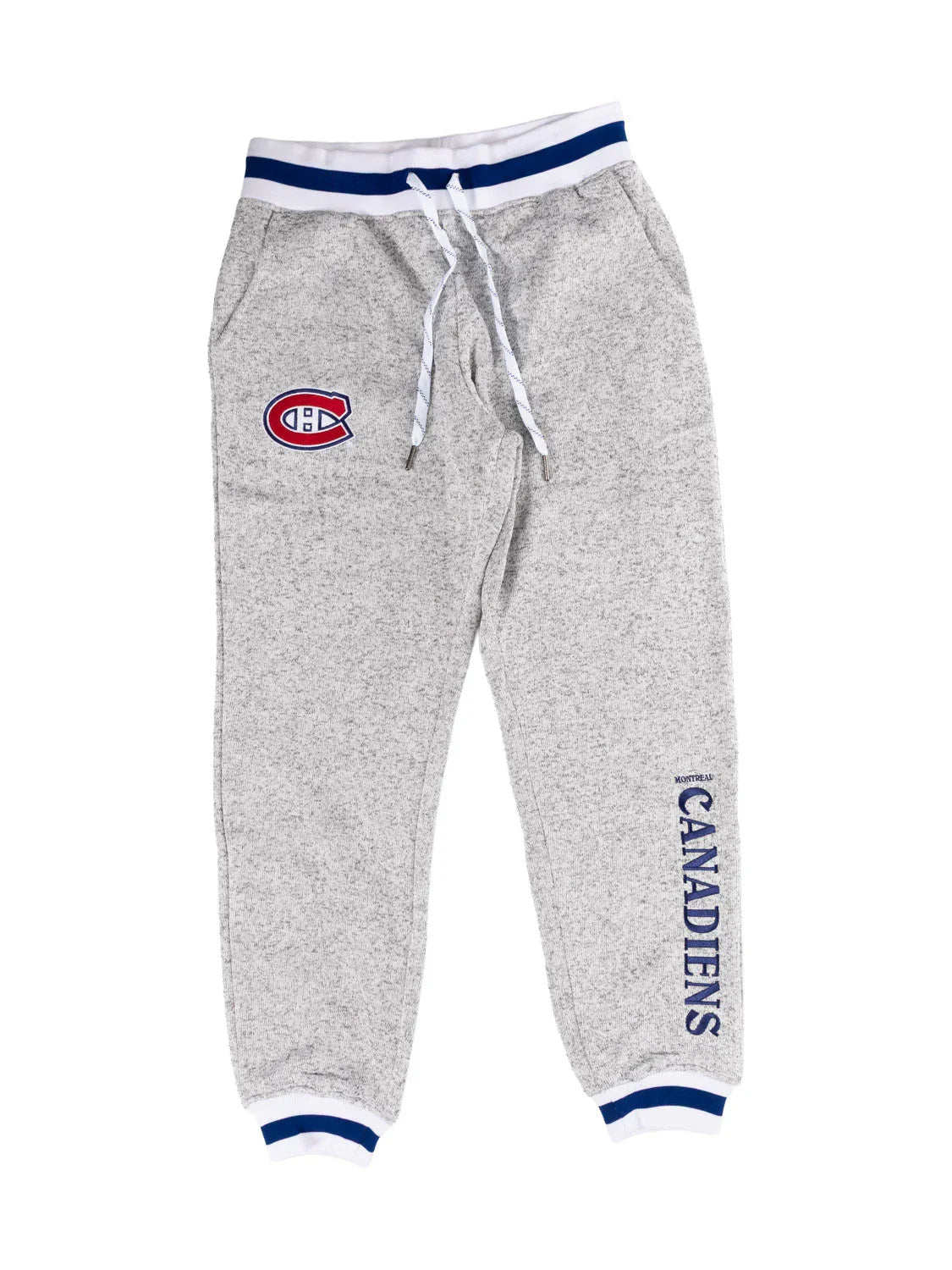 Gray Montreal Canadiens sweatpants with team logo and blue striped waistband.