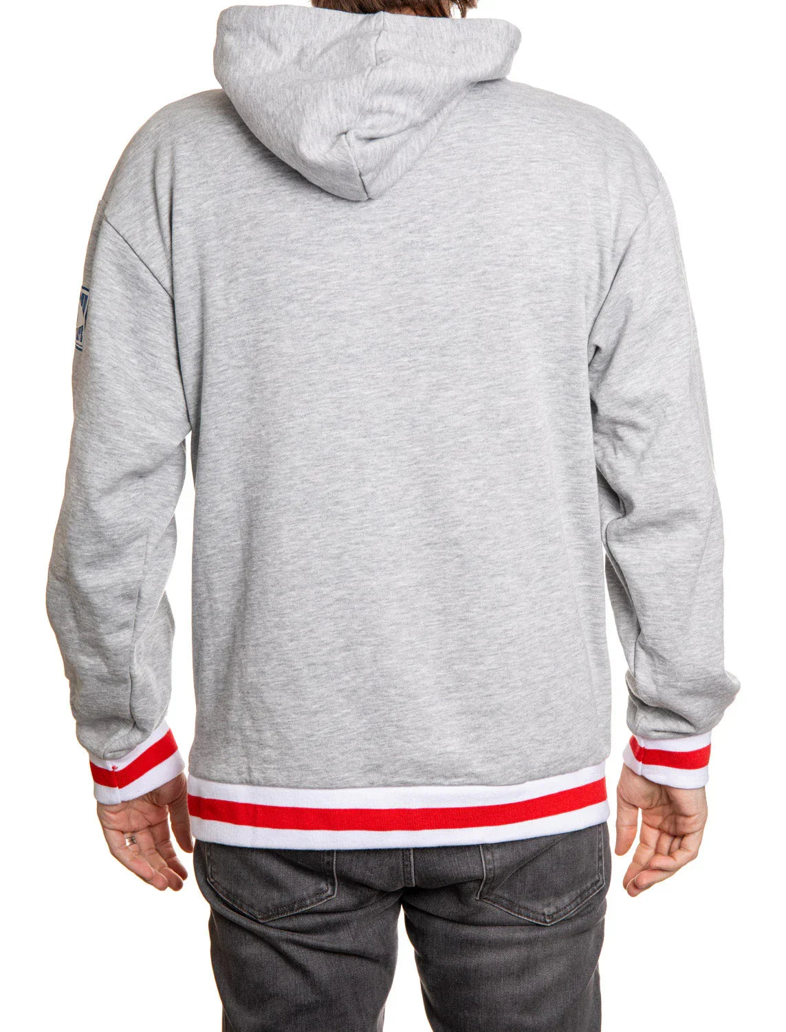 Back view of a gray hoodie with red and white striped cuffs and waist, casual wear
