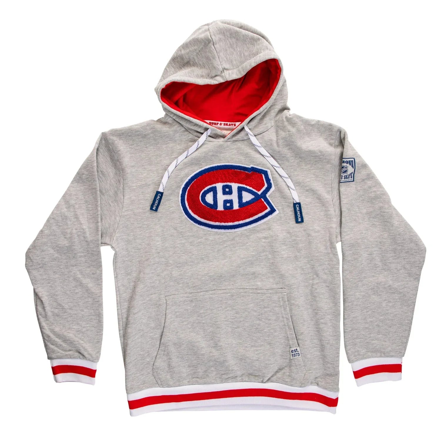 Montreal Canadiens grey hoodie with red and blue logo, white drawstrings, front pocket