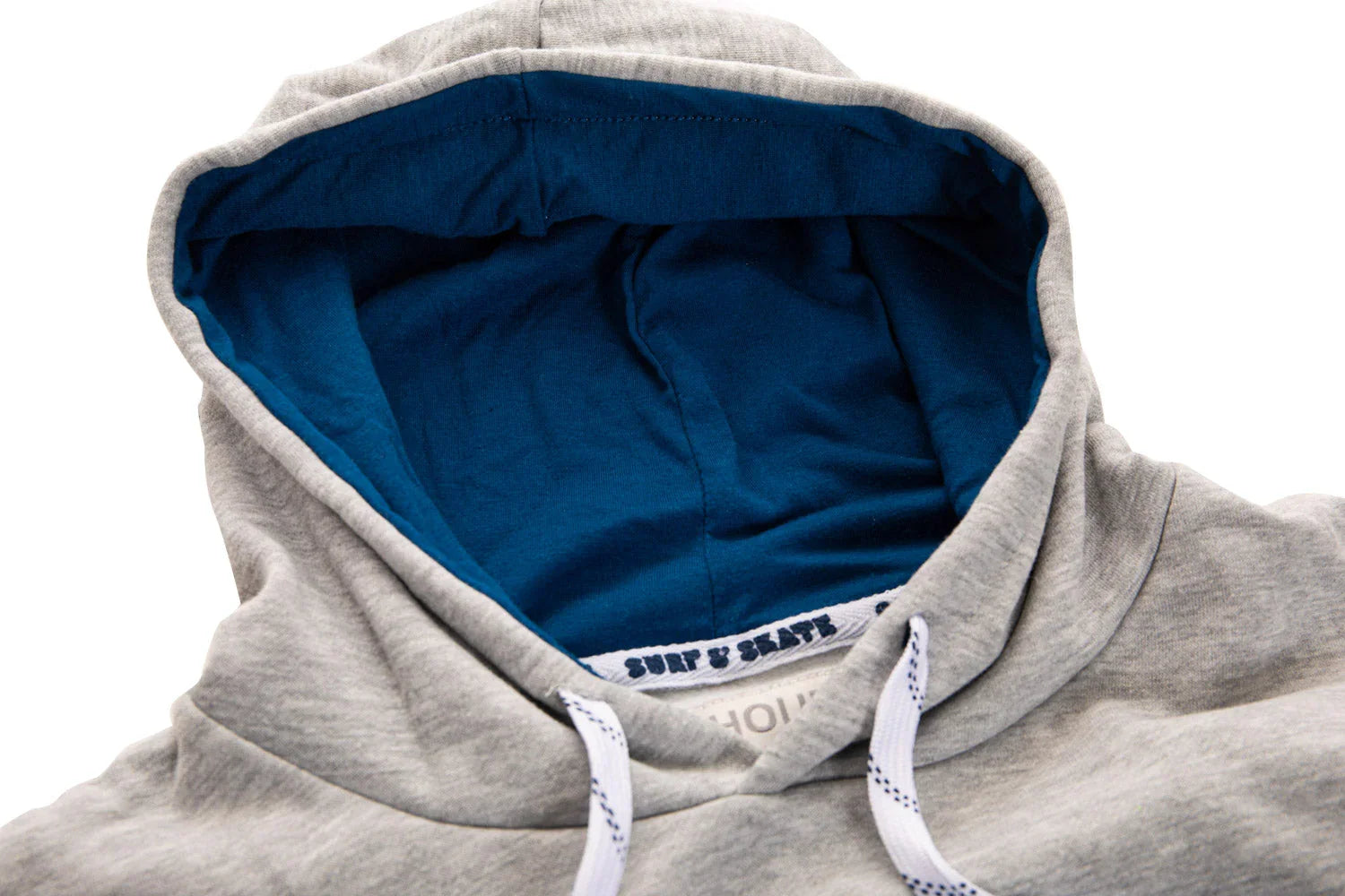 Grey hoodie with blue inner hood lining and white drawstrings, close-up detail view