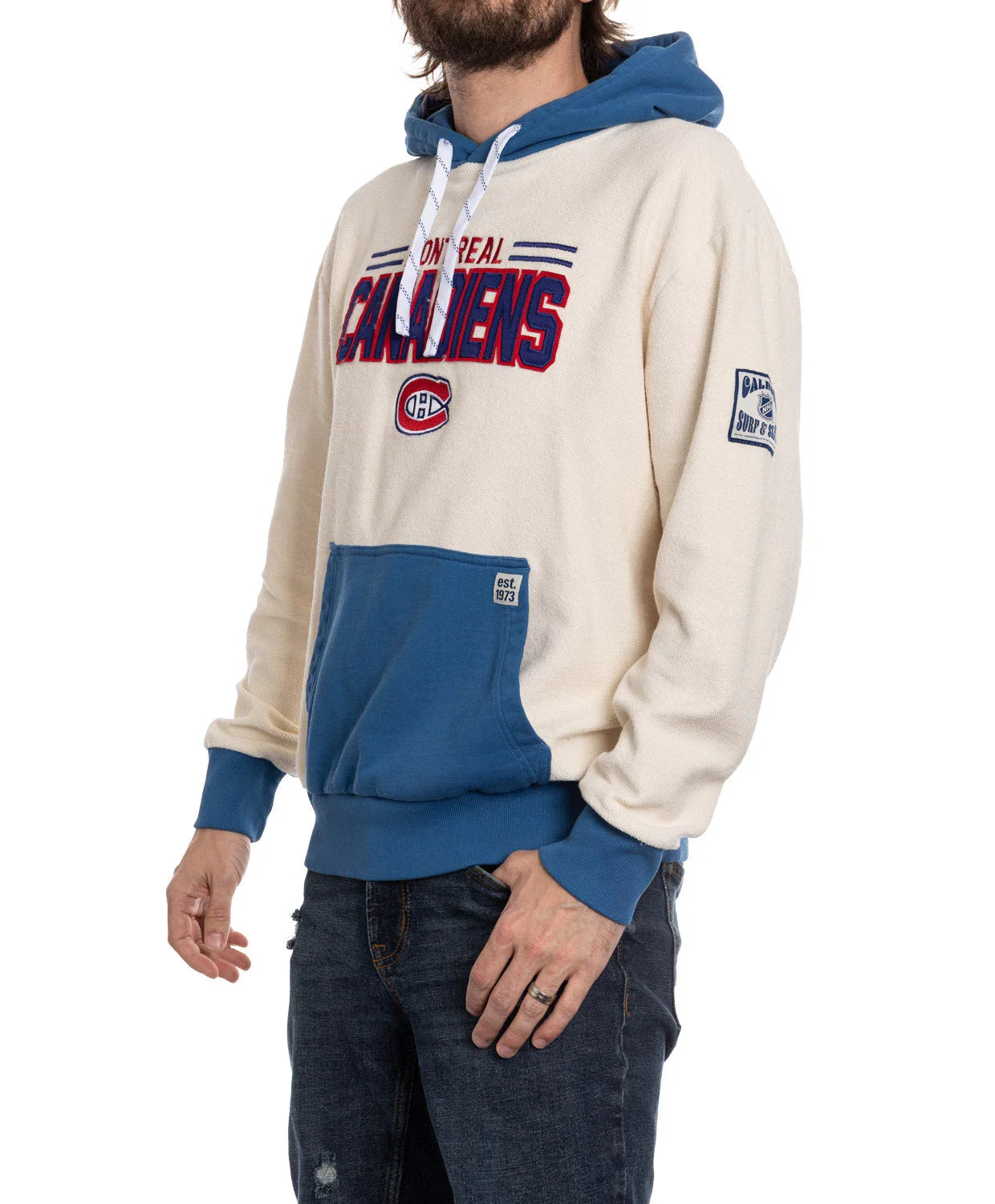 Montreal Canadiens hoodie in cream with blue hood and pocket, NHL fan apparel