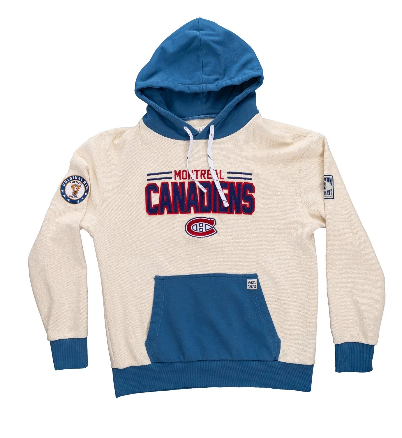 Montreal Canadiens cream and blue hoodie with team logo and front pocket