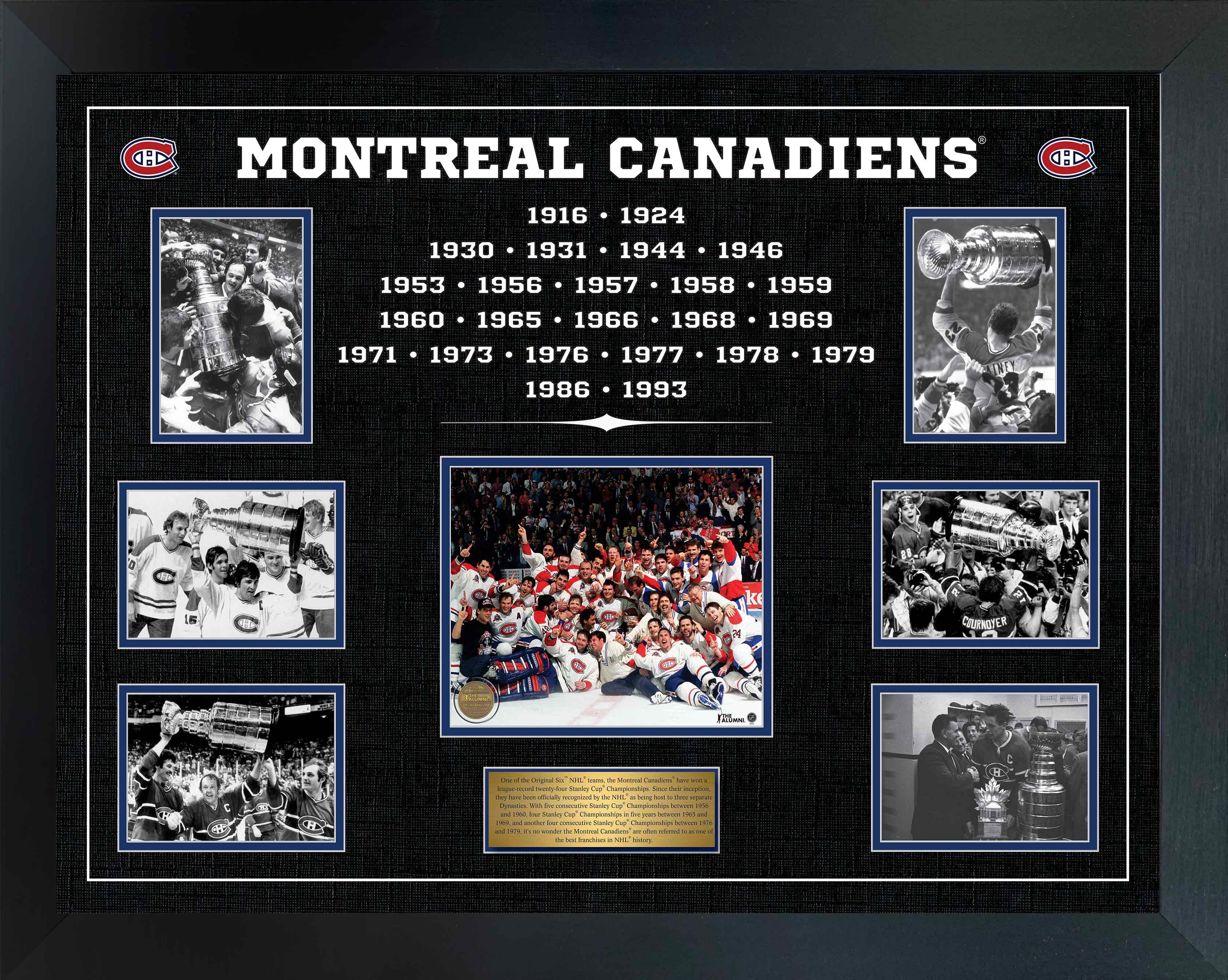 Montreal Canadiens Stanley Cup champions collage with team photos and championship years