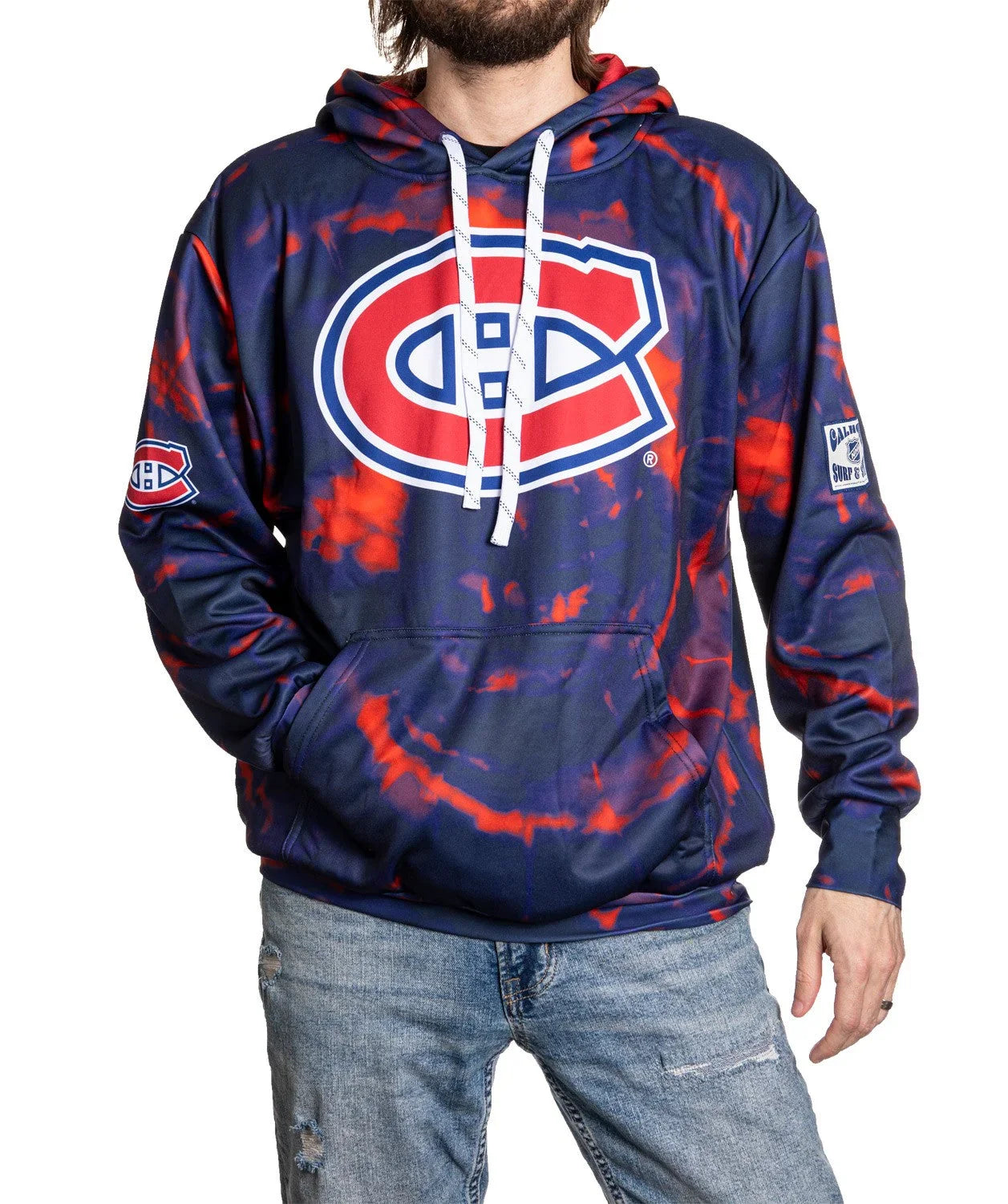 Montreal Canadiens blue and red tie-dye sublimated hoodie with team logo on front