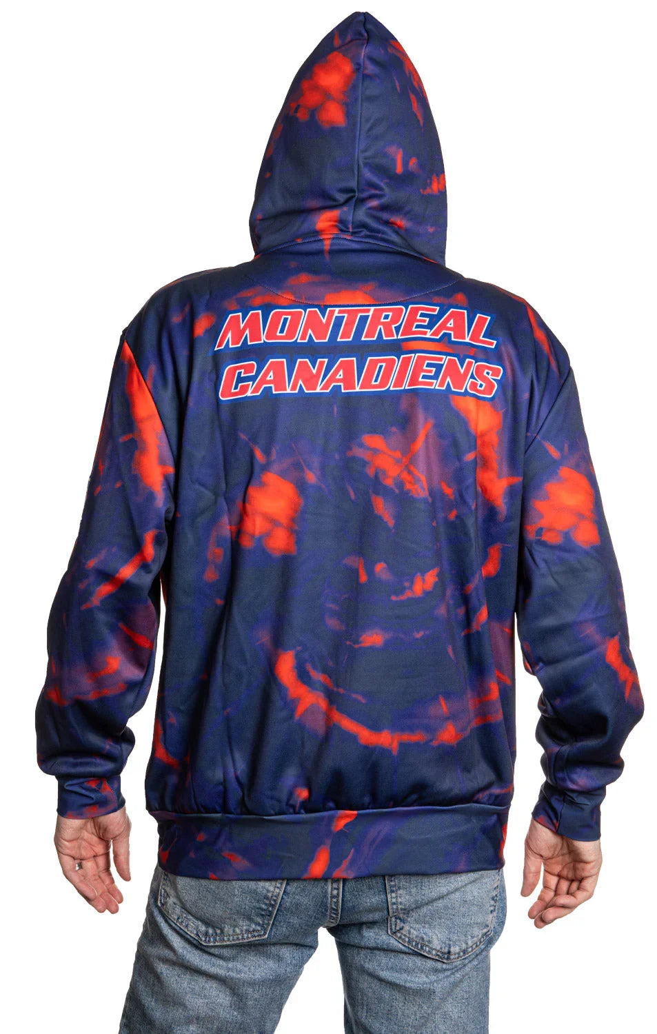 Back view of Montreal Canadiens sublimated hoodie with red and blue tie-dye design