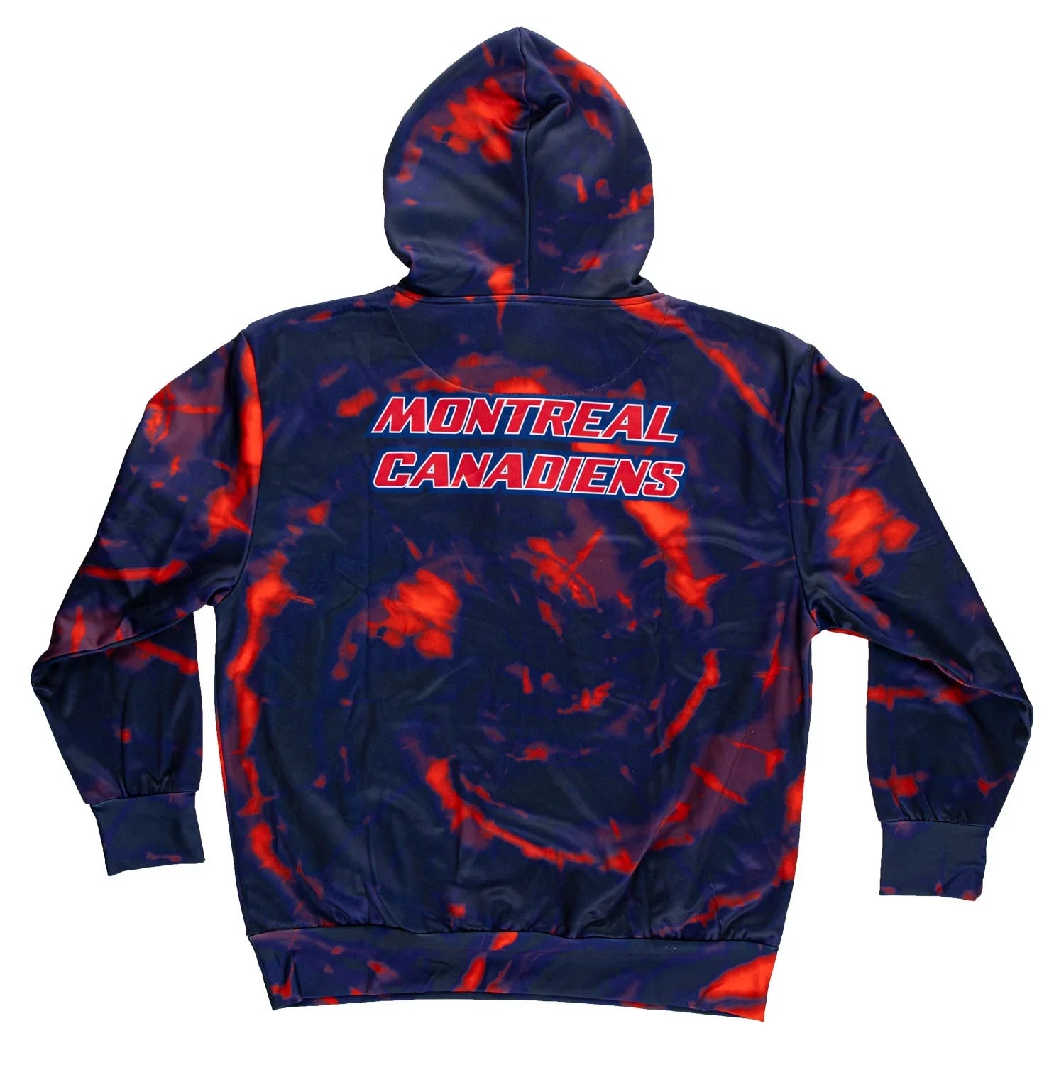 Montreal Canadiens tie-dye hooded sweatshirt with red and blue pattern, back view