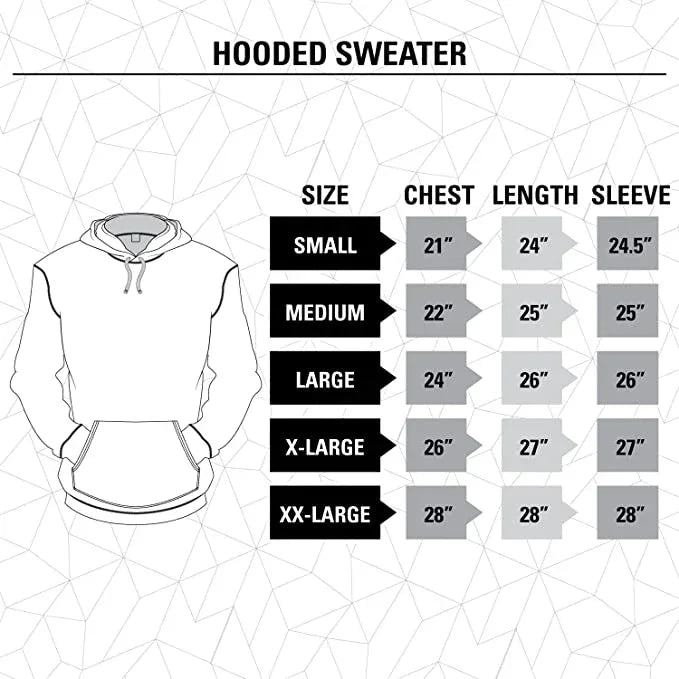 Hooded sweater size chart with chest, length, and sleeve measurements, illustration left.