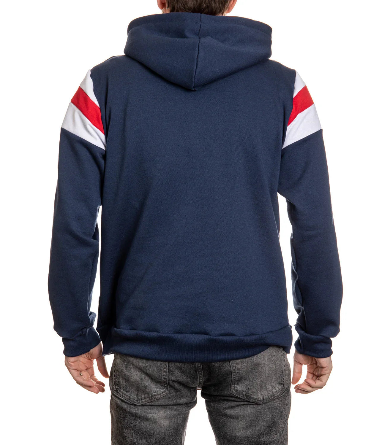 Back view of man wearing navy blue hoodie with red and white striped sleeves
