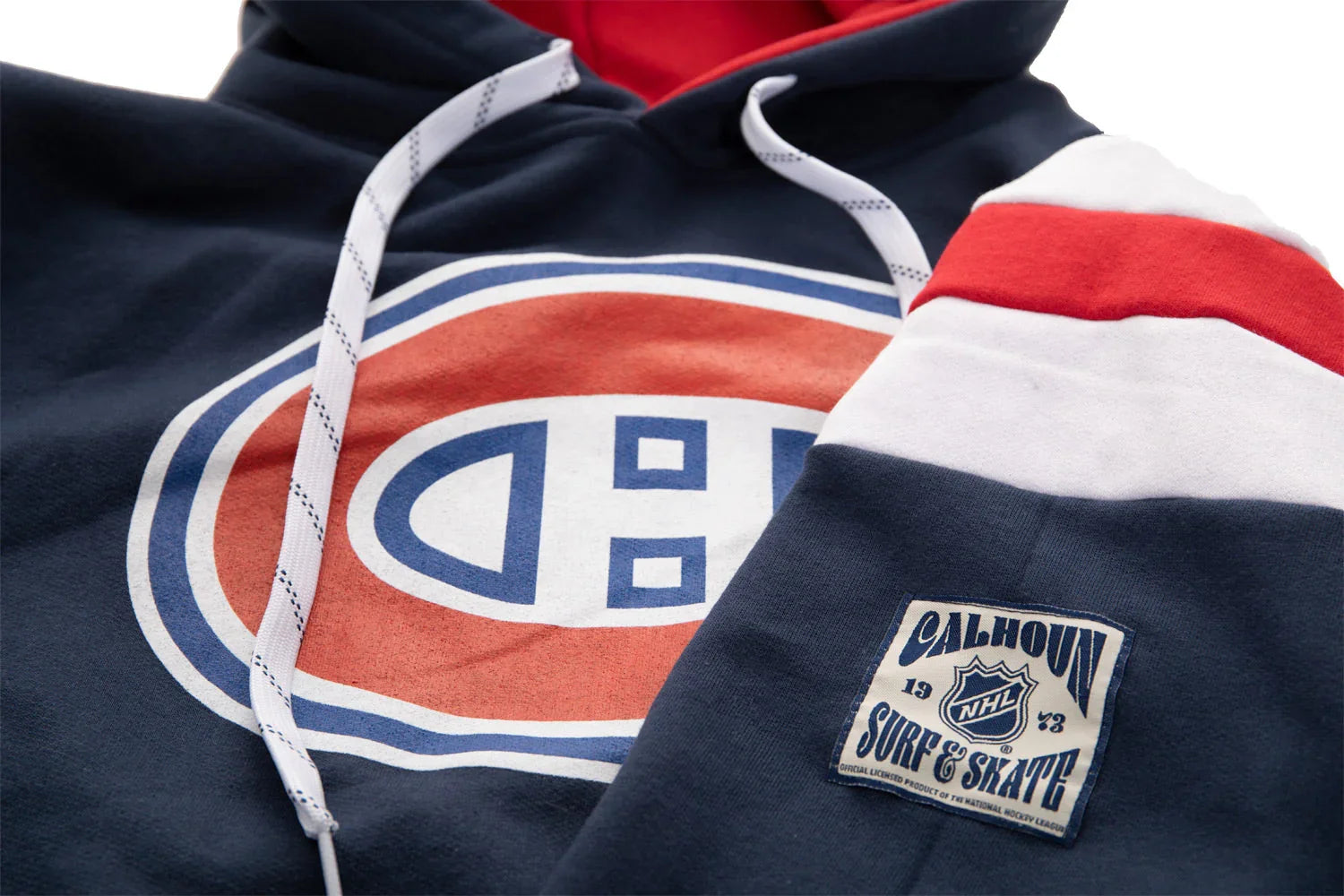 Montreal Canadiens NHL hoodie with logo, Calhoun patch, red white blue color blocks