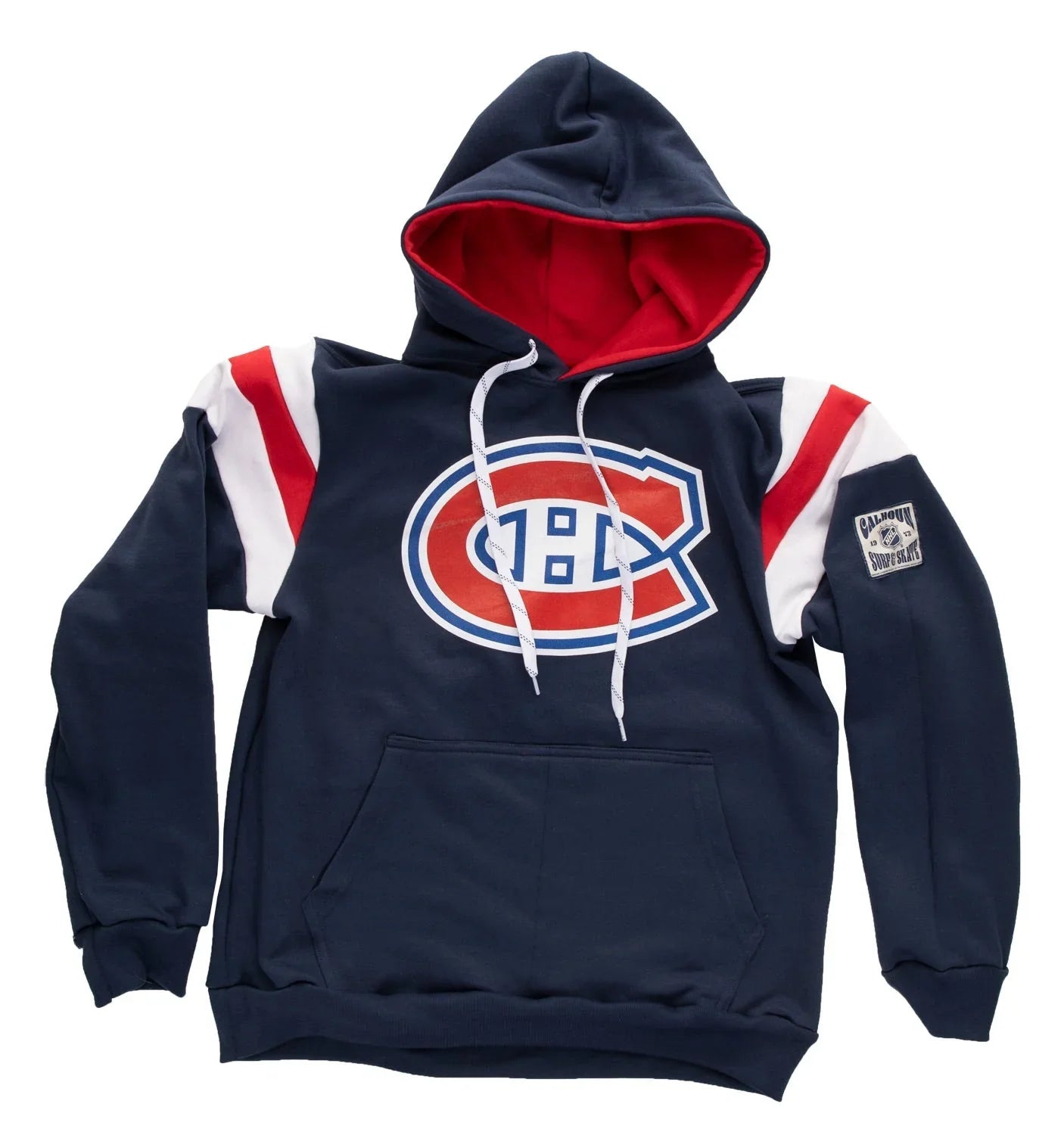 Navy blue Montreal Canadiens hockey hoodie with red and white accents and team logo on front.
