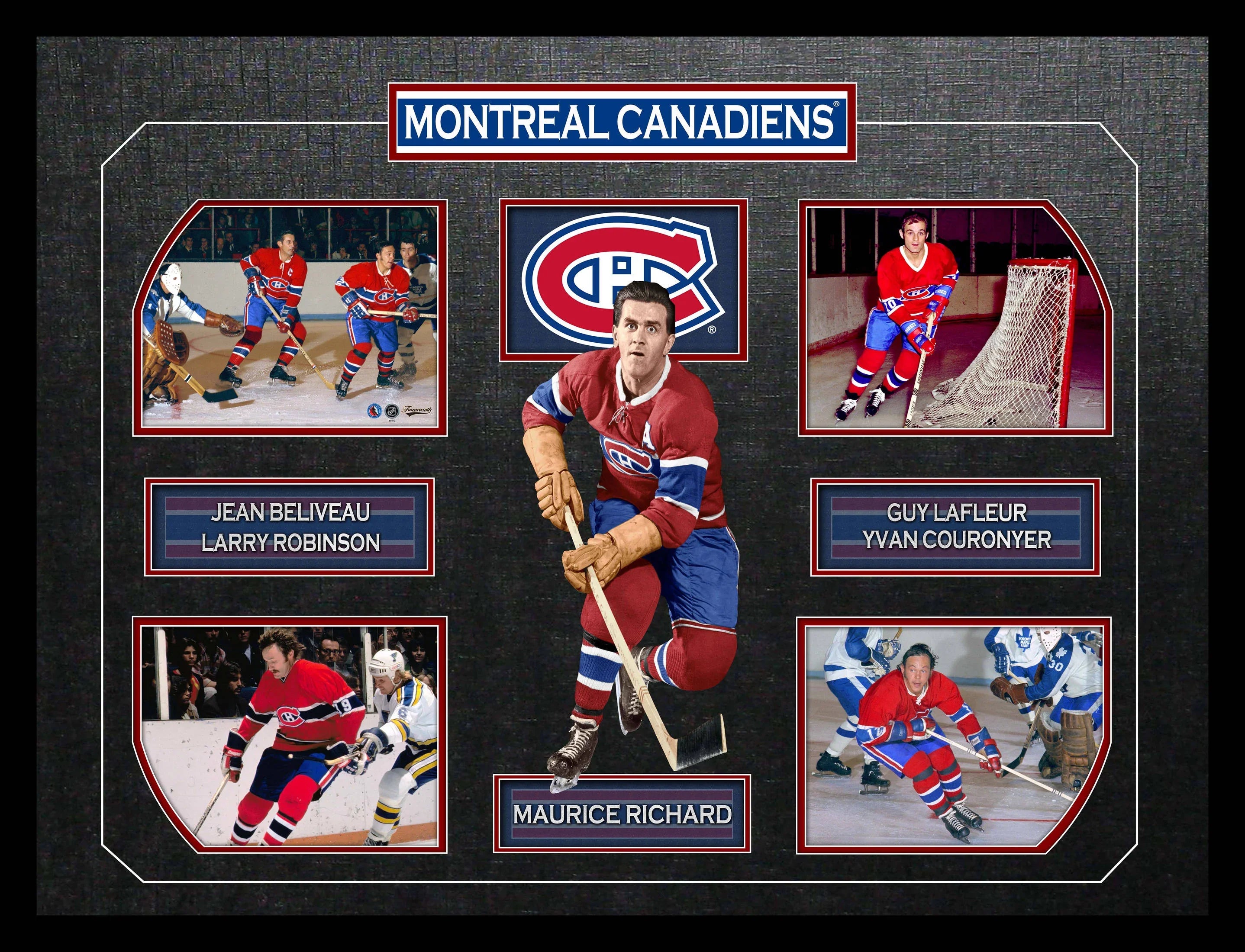 Montreal Canadiens hockey legends collage with action shots and team logo