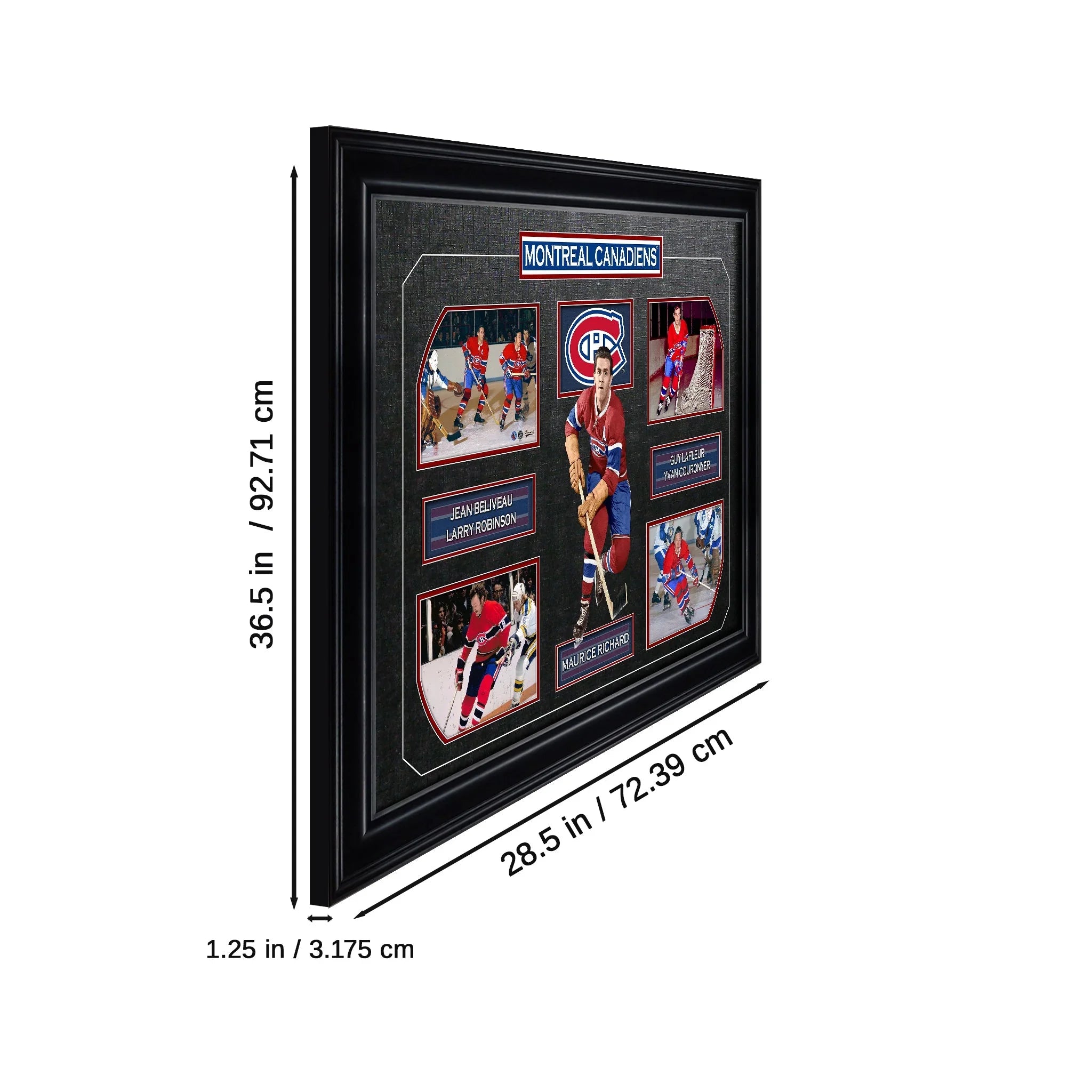 Framed Montreal Canadiens hockey collage with player photos, team logo, and size dimensions