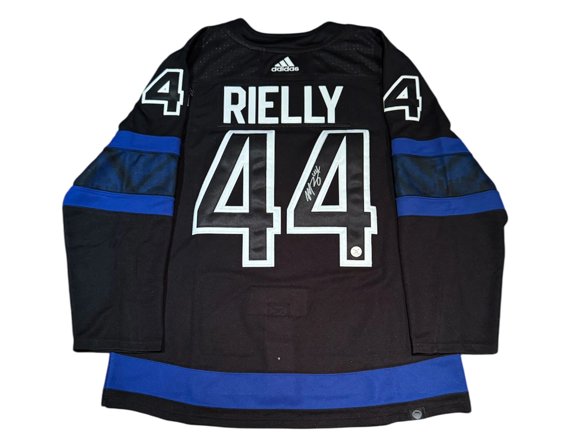 Signed black hockey jersey Rielly 44 with blue stripes and Adidas logo