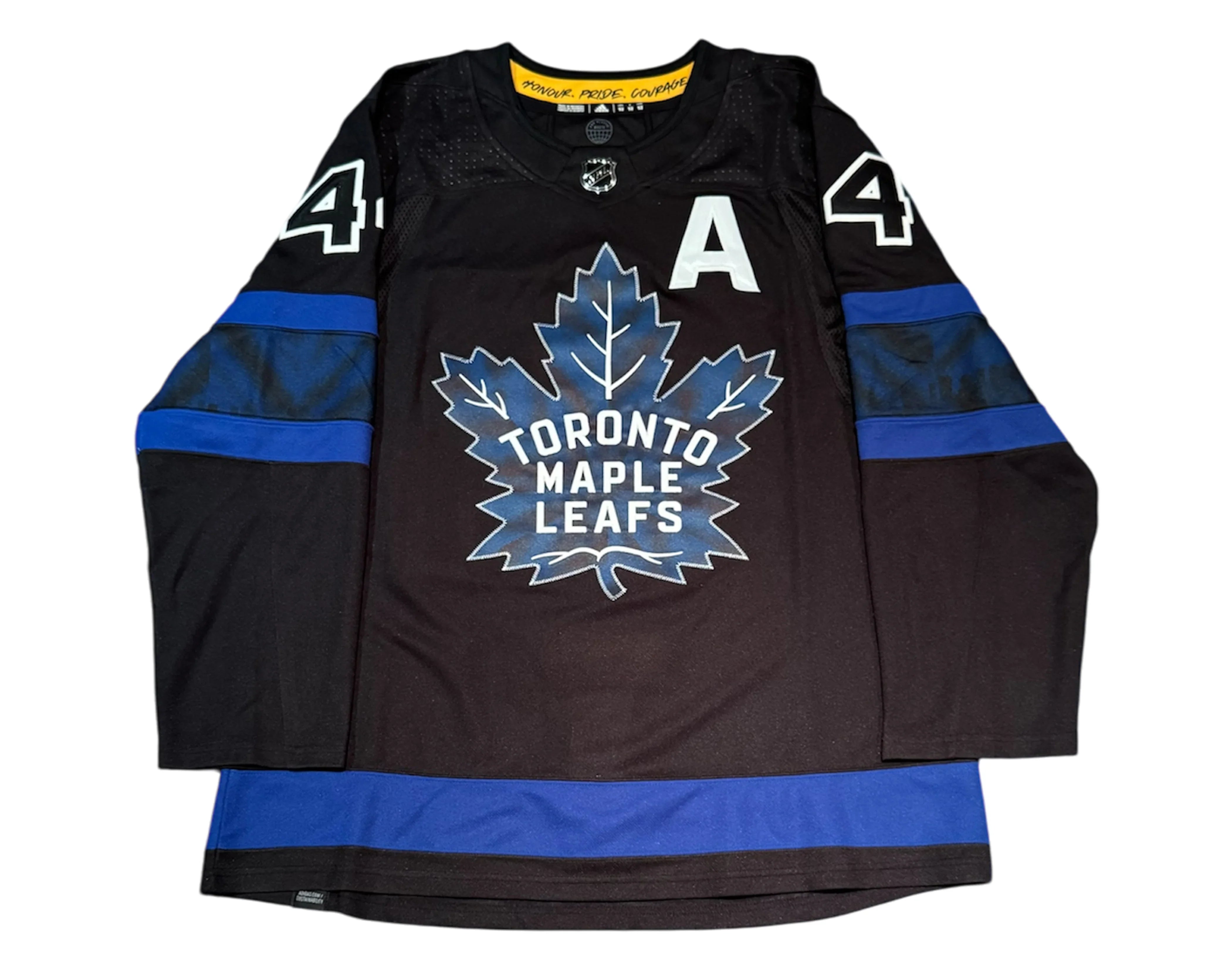 Toronto Maple Leafs black alternate hockey jersey with blue stripes and large leaf logo