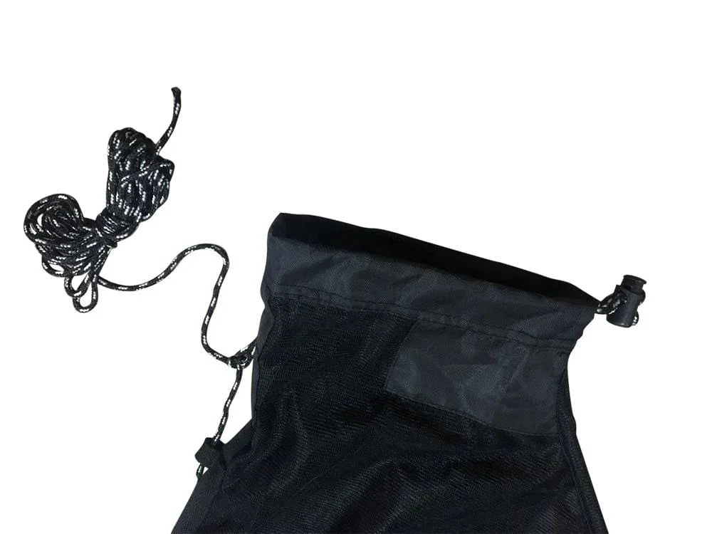 Black mosquito net for hammock with drawstring and cord on white background