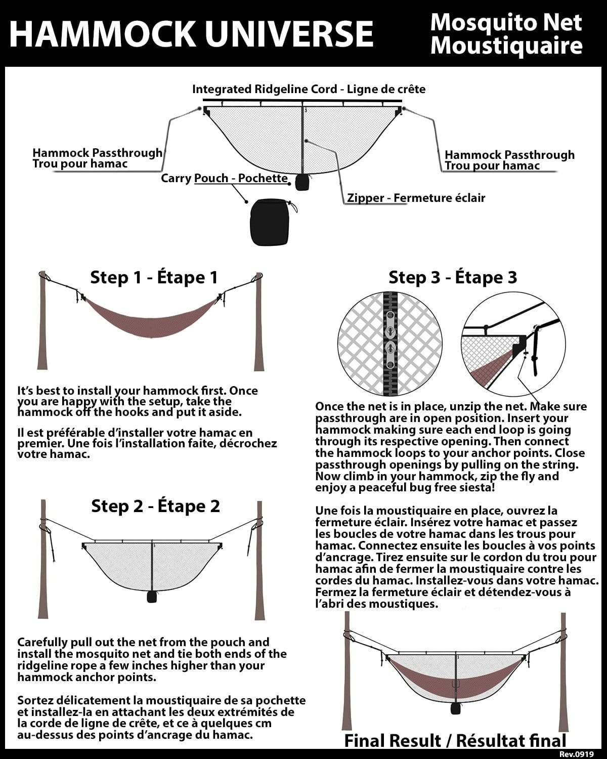 Hammock Universe mosquito net setup instructions with labeled diagram and three illustrated steps.