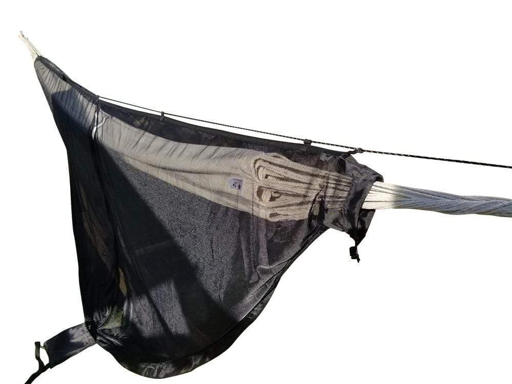 Black hammock mosquito net cover for outdoor camping, isolated on white background