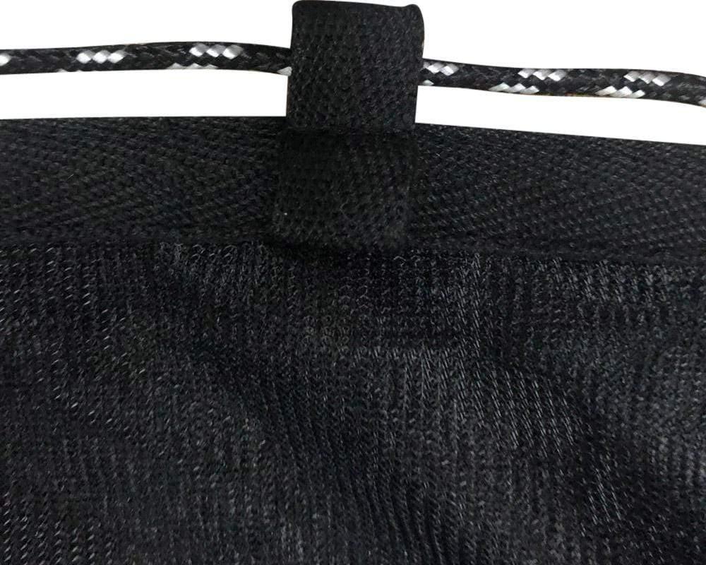 Close-up of black hammock mosquito net fabric and cord attachment