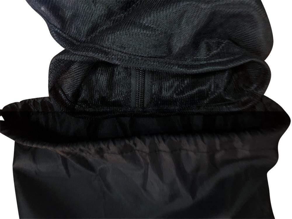 Black hammock mosquito net with zipper in close-up view for insect protection outdoors