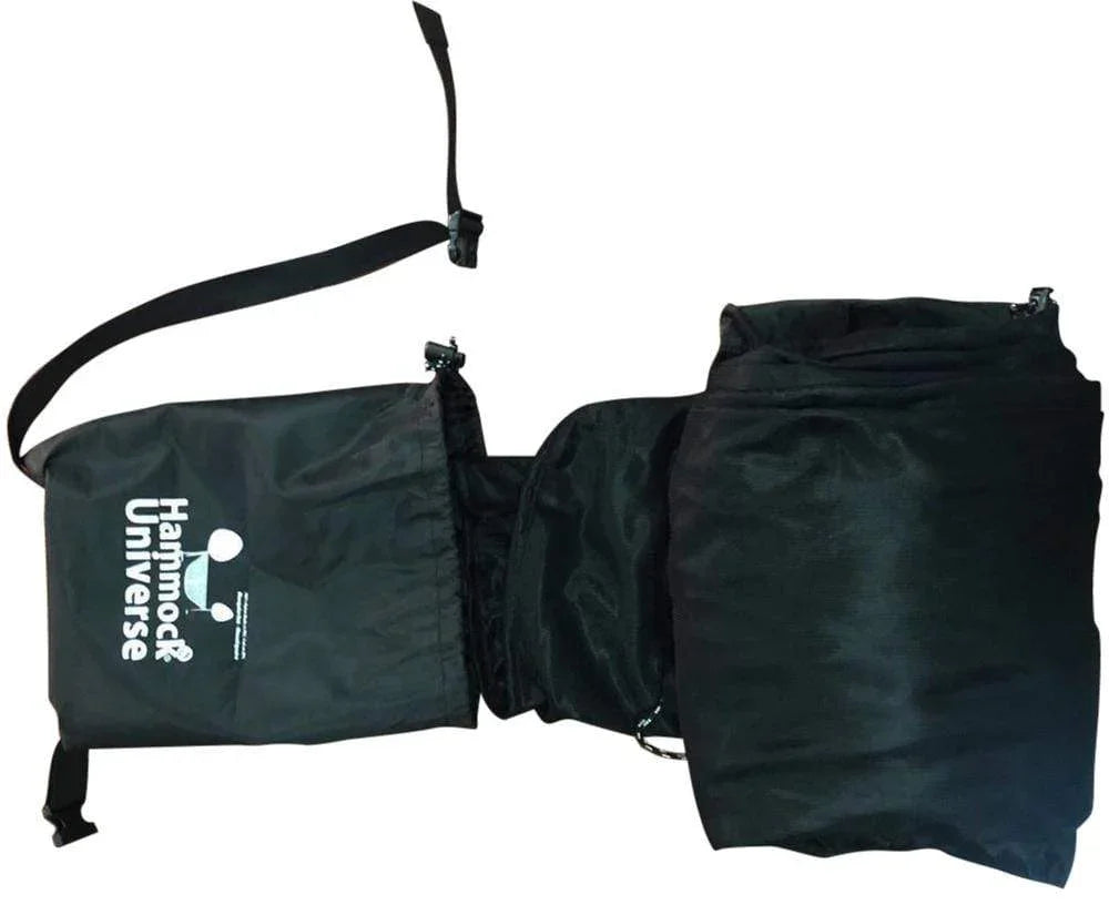 Hammock Universe mosquito net packed in a black carrying bag with strap