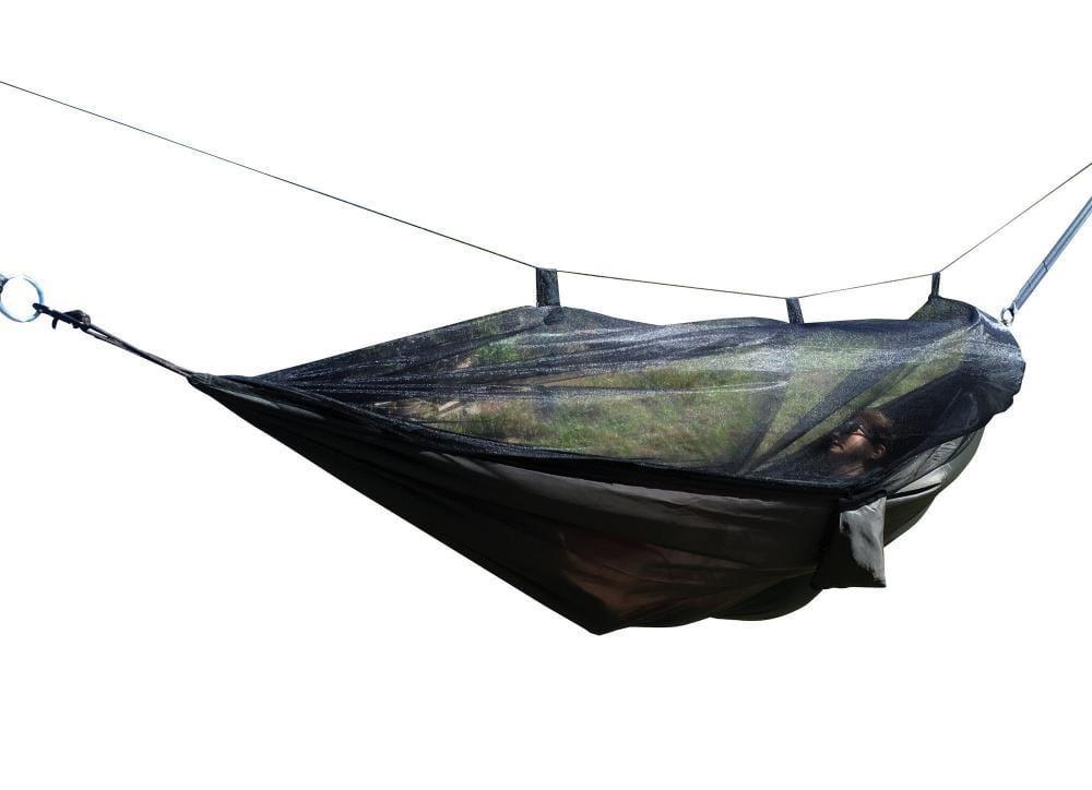 Nylon mosquito net hammock suspended outdoors, featuring black mesh and durable fabric.