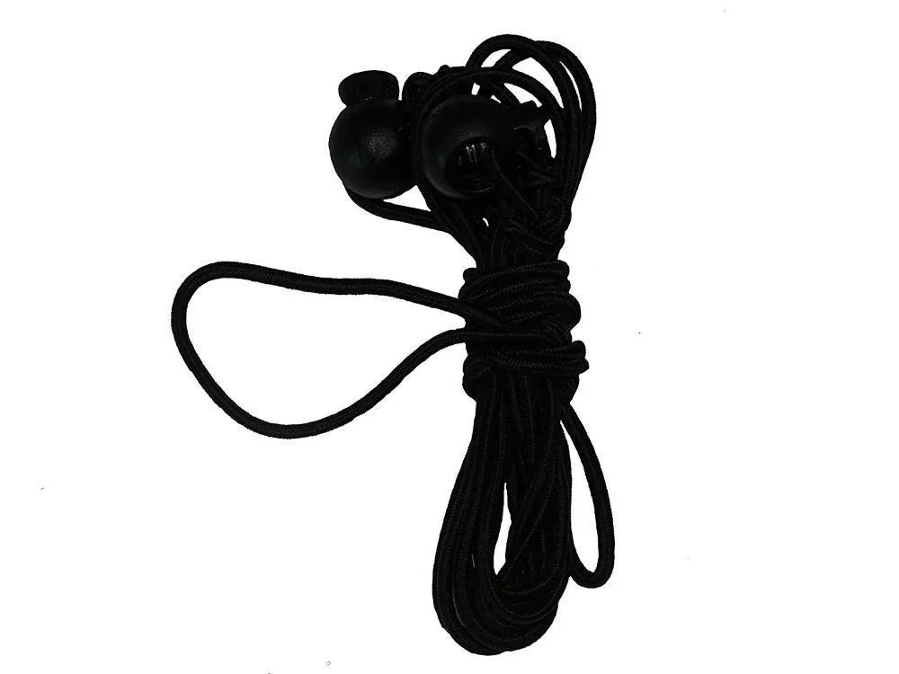 Black shock cord for blue mosquito net hammock, coiled with plastic cord locks, on white background