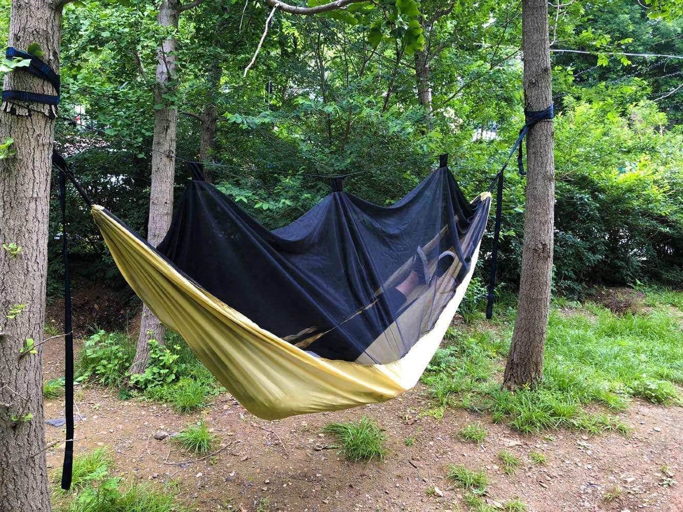Camping hammock with bug net hanging between trees in a green forest setting