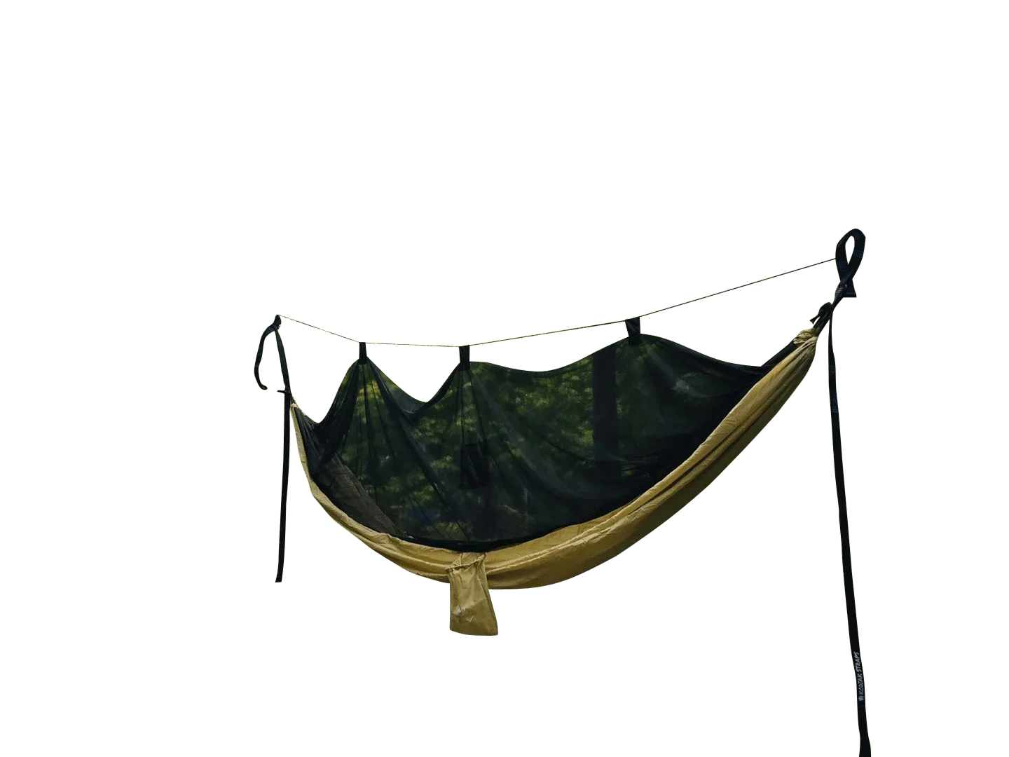 Camping hammock with mosquito net, olive green, suspended by black straps