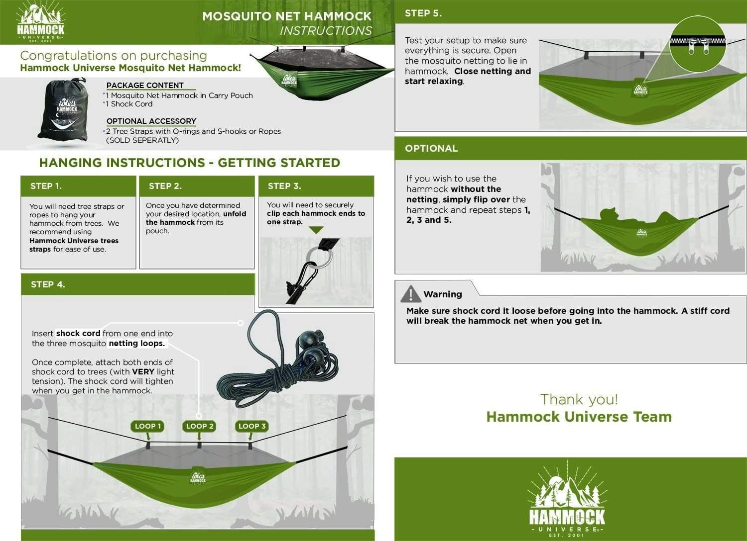 Hammock Universe mosquito net hammock setup instructions with images, steps, and accessories.