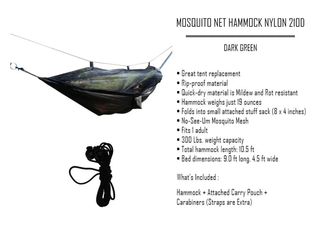 Dark green mosquito net hammock nylon 210D with rope and features list on white background