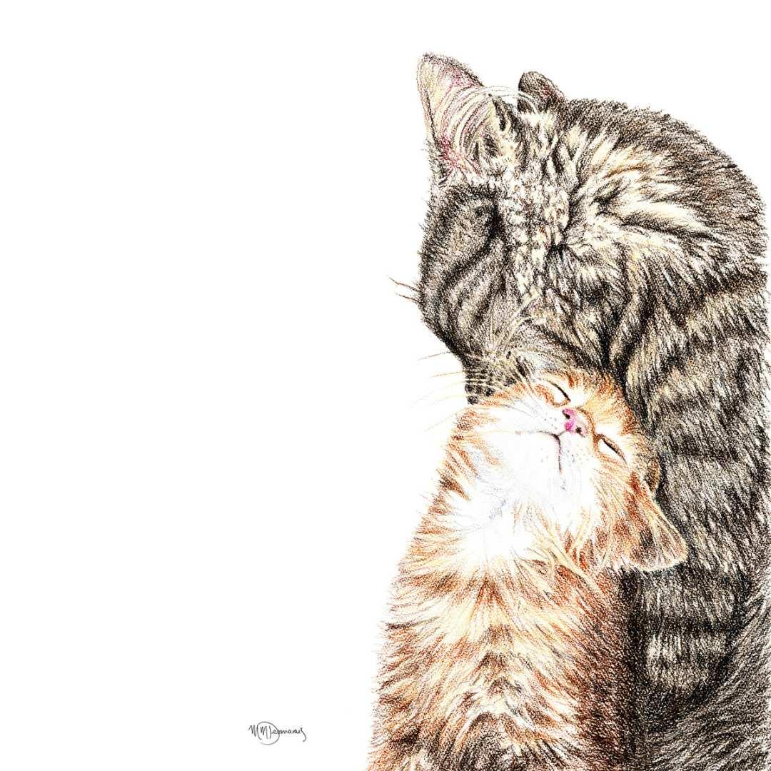Tabby mother cat nuzzling orange kitten on white background, cat illustration