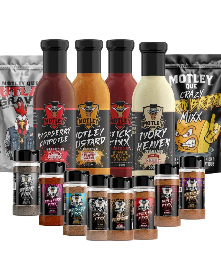 Motley Que BBQ sauce, spice rub, cornbread mix, and gravy mix Backyard Bash set.