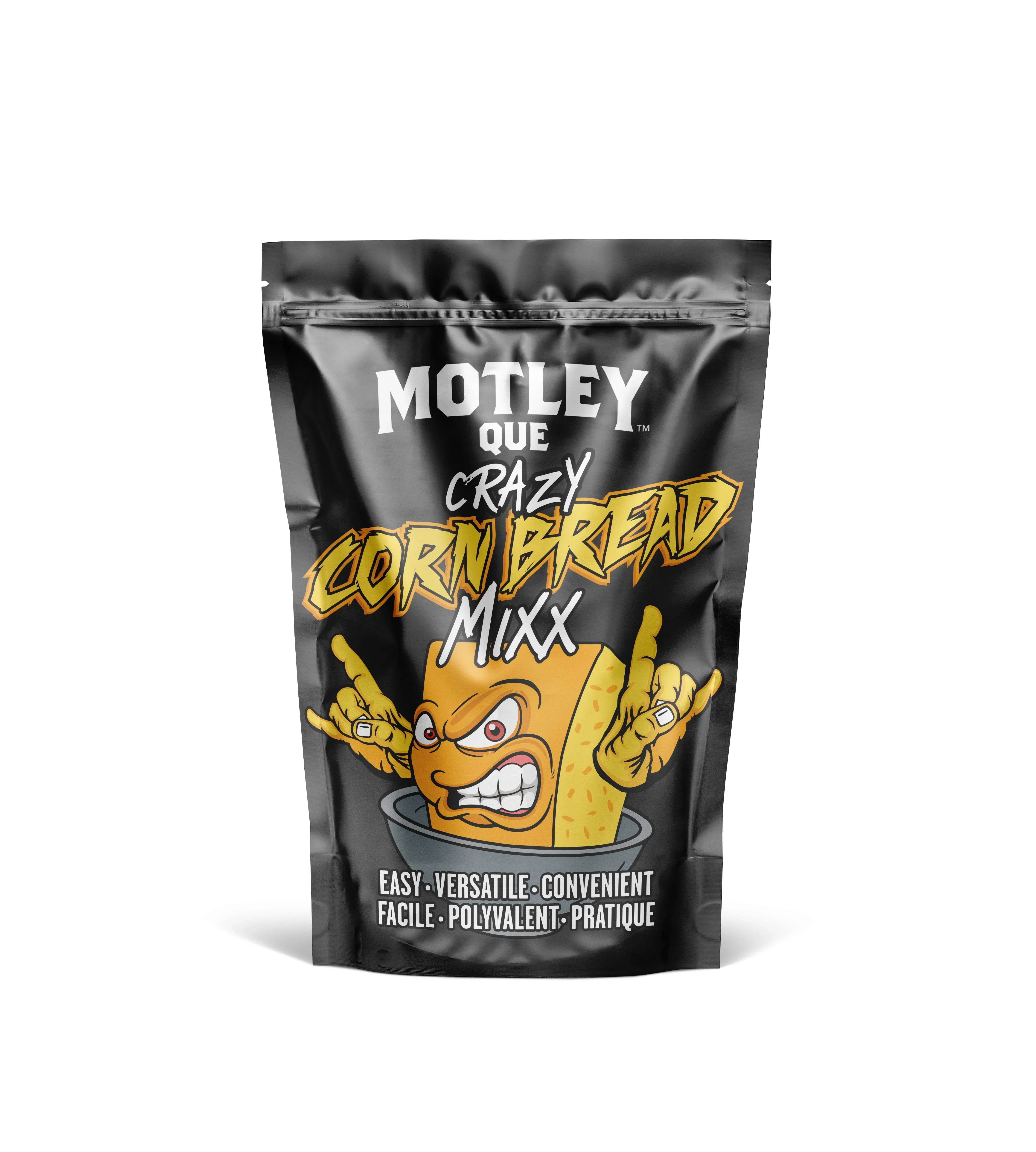 Motley Que Crazy Corn Bread Mixx bag with cartoon cornbread character and bold graphics