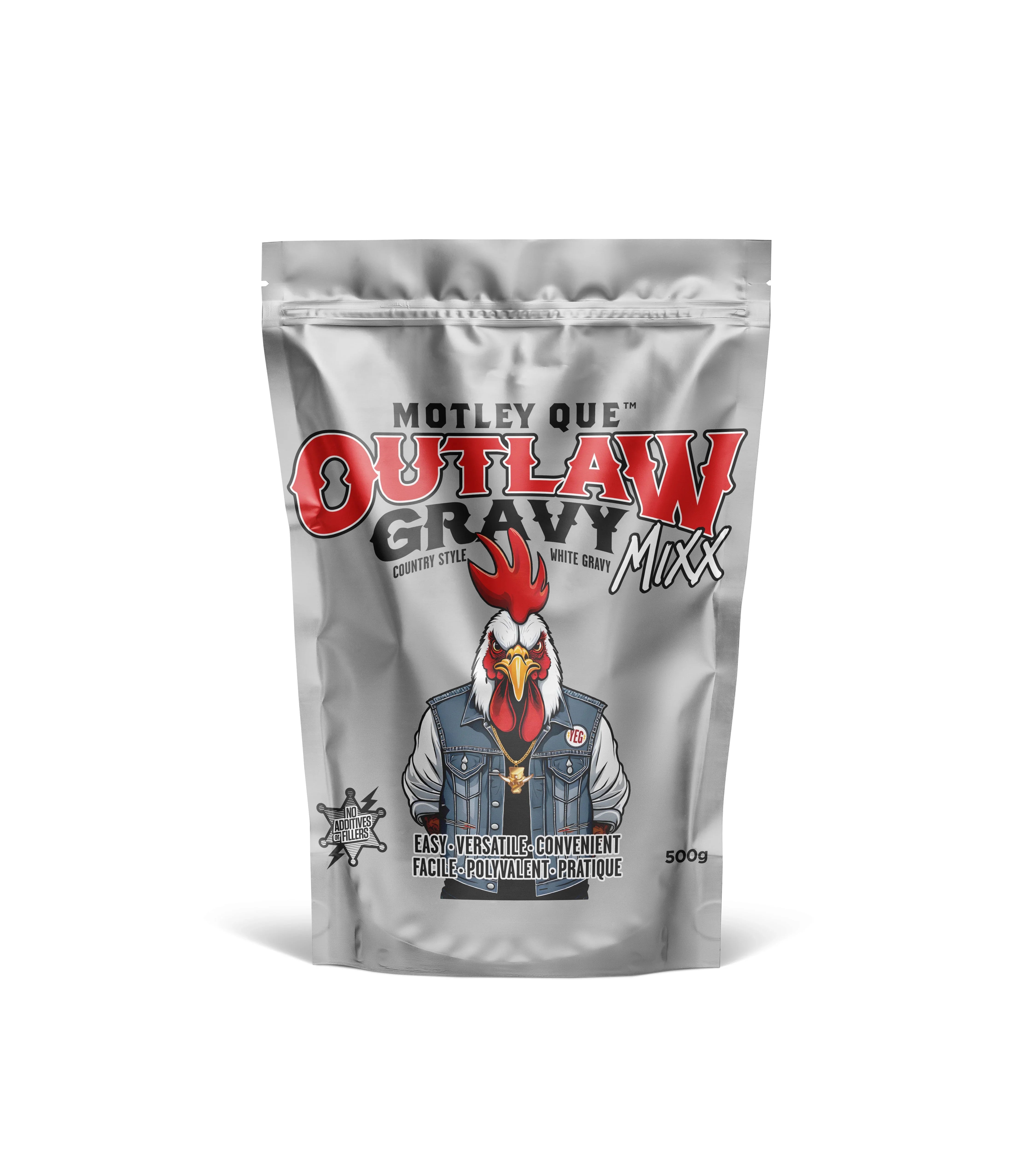 Motley Que Outlaw Gravy Mixx country style white gravy mix with chicken mascot on silver pouch