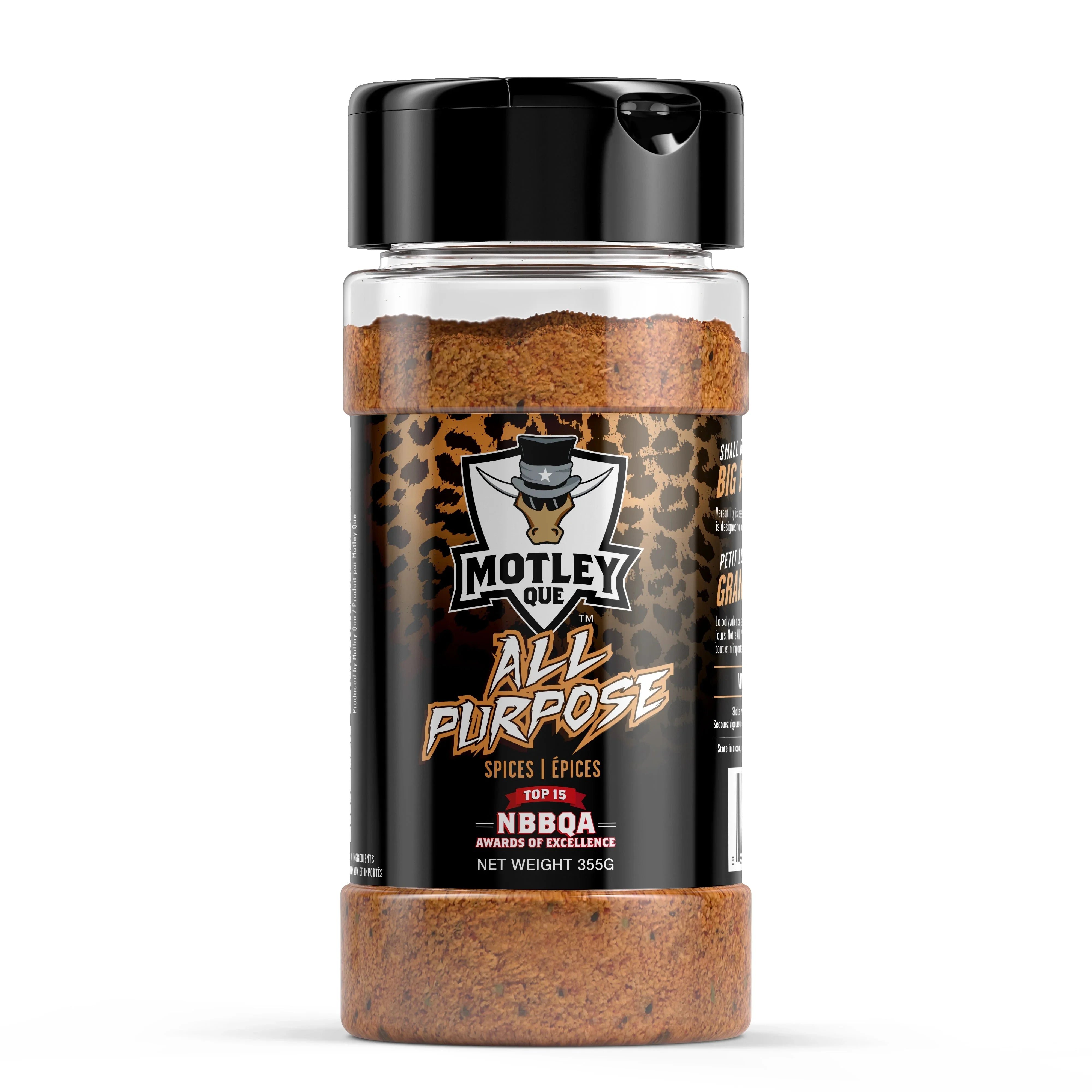 Motley Que All Purpose spice jar with black lid, leopard print label, 355g seasoning blend