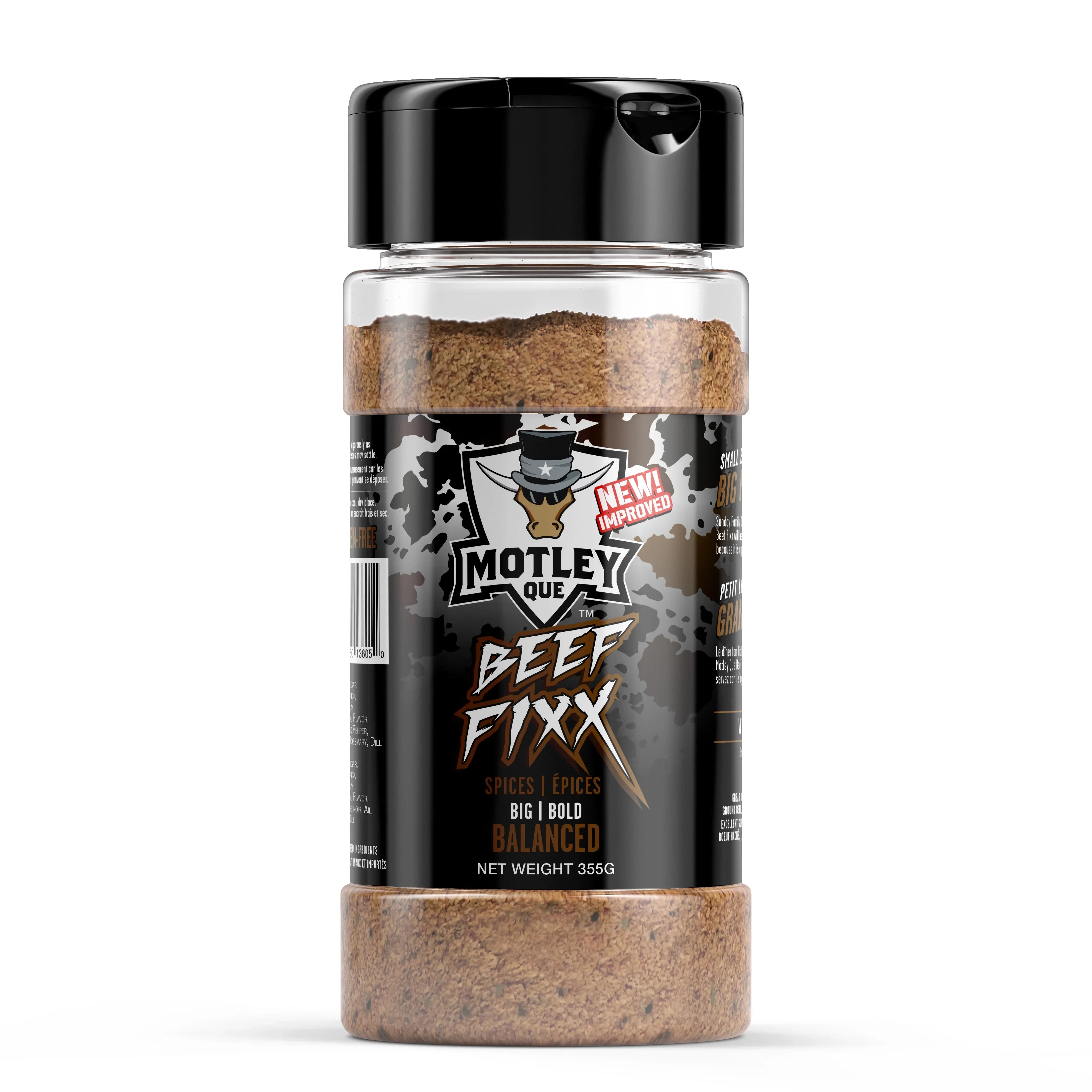 Motley Que Beef Fixx spices 355g jar with bold black label on white background