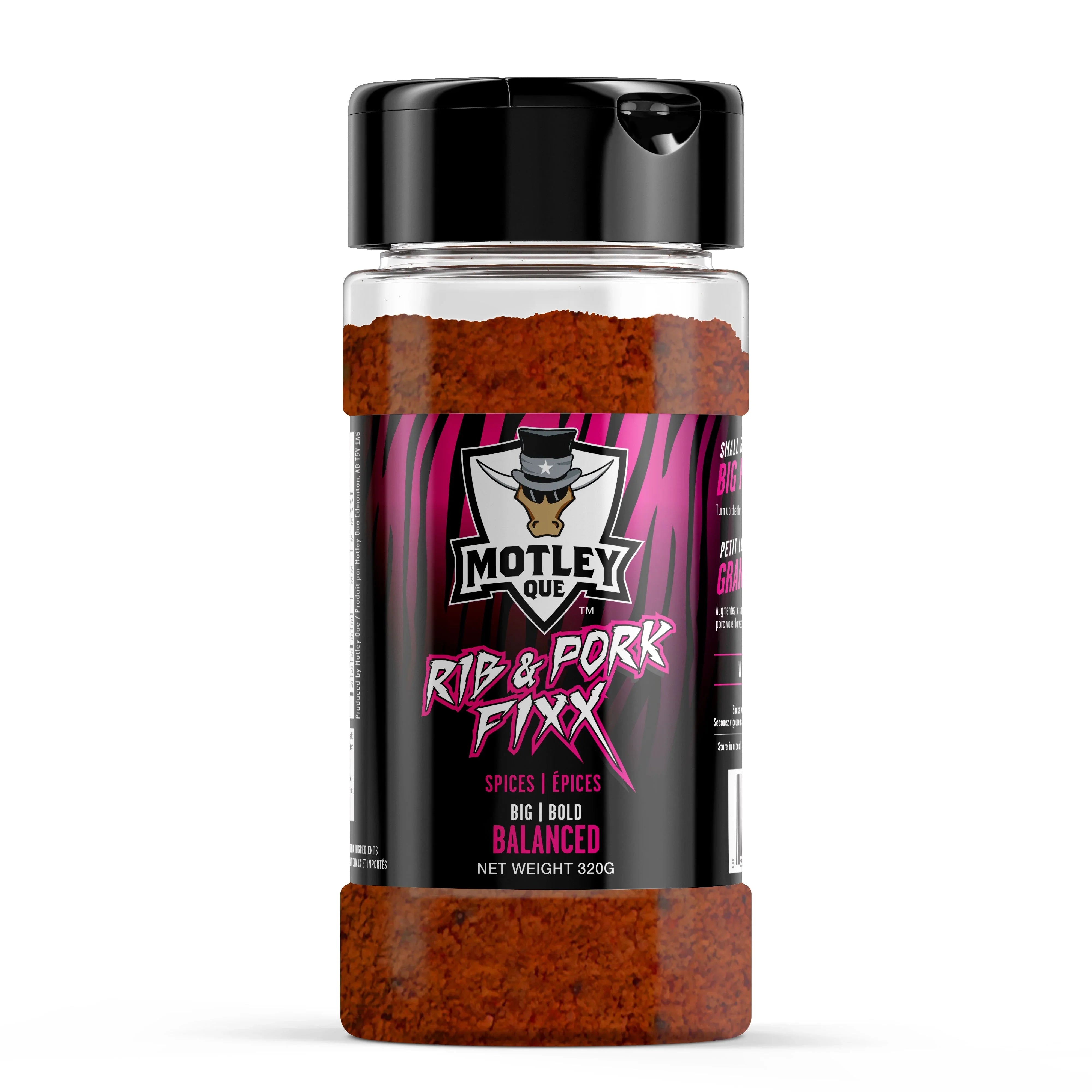 Motley Que Rib & Pork Fixx spice rub bottle with bold black and pink label on white background